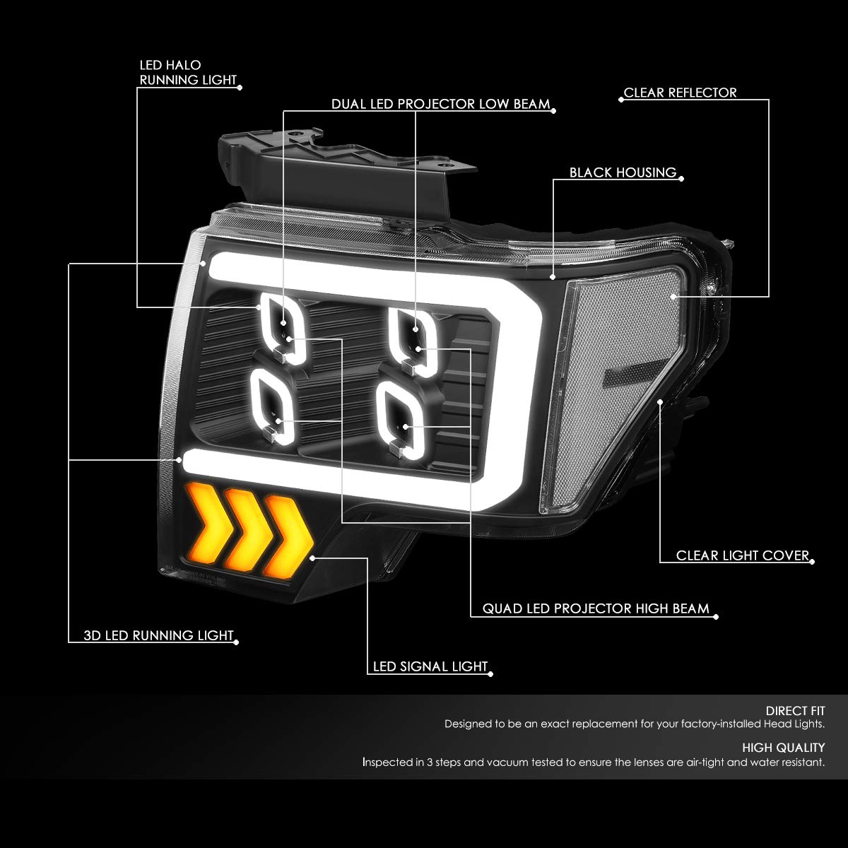 Dna Motoring Hl-Lb-T8-F15009-Bk-Cl Pair Auto Update Led Effect Drl Quad Projector Headlight Replacement For 09-14 F150, Black/Cl