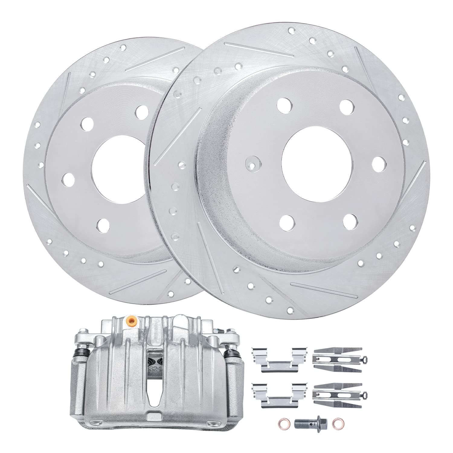 Detroit Axle - Rear Drilled Rotors + Left Brake Caliper Replacement for Silverado Suburban Sierra Yukon XL 1500 Tahoe Escalade -