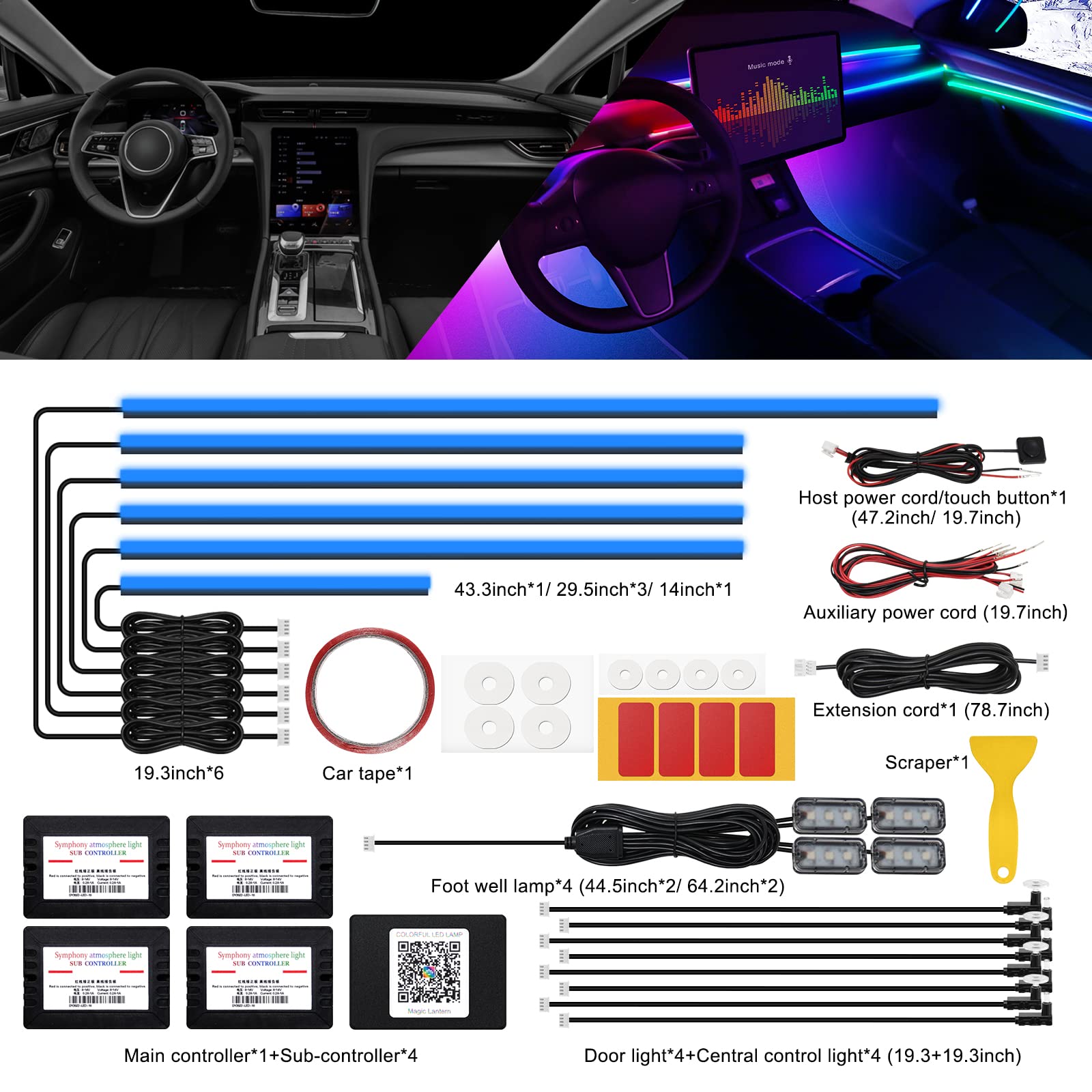 Acrylic Interior Car Led Strip Light With Wireless App, Rgb 18 In 1 With 175 Inches 593 Leds Fiber Optic Ambient Lighting Kits,