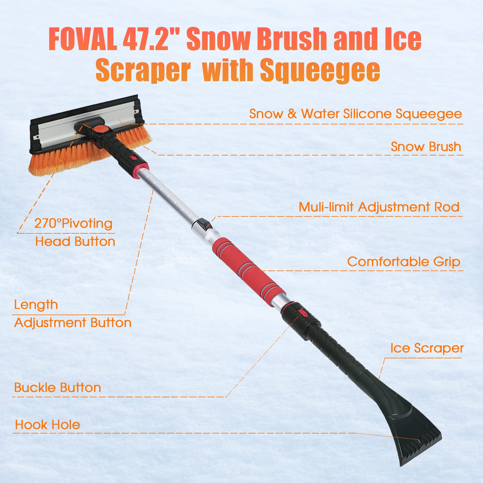 Foval 47.2 '' Extendable Ice Scraper Snow Brush With Squeegee For Windshield Window Car Trucks Suvs, 270 Pivoting Brush Head, Es