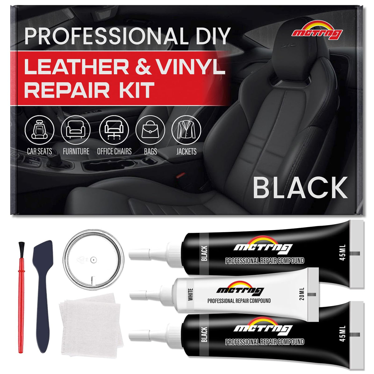 Black Leather Repair Kit for Car Interior, Leather Seat Repair Kit for Cars, Car Seats, Steering Wheel, Dashboard, Console, Easi