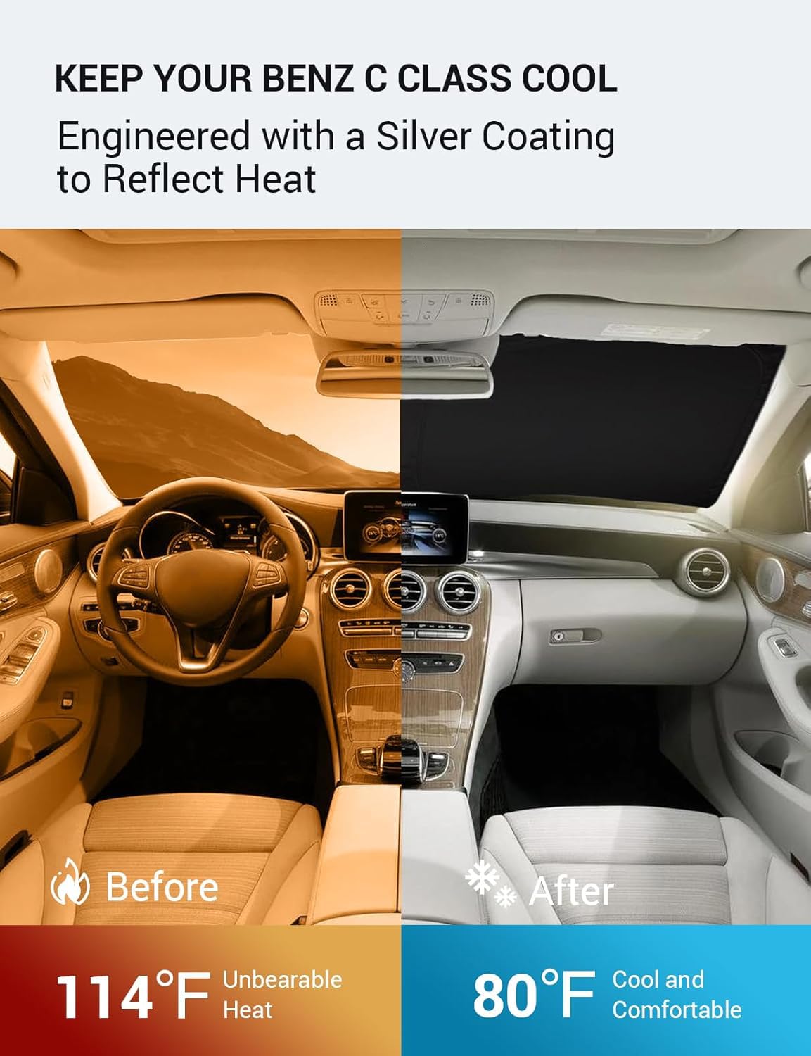 Proadsy 2025 Upgrade Windshield Sun Shade Custom Fit 2008-2014 Benz C Class Foldable Front Sunshade Protector Sun Visor Blocks U