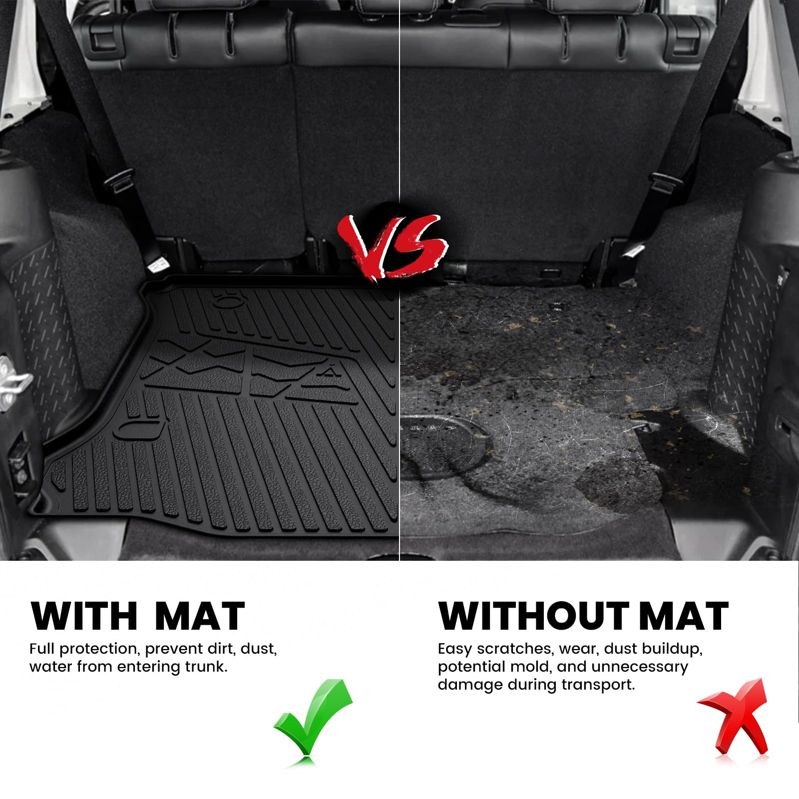 Lasfit Trunk Mat For Jeep Wrangler 2011-2018 Jk Unlimited 4-Door (Not For Jl Or 2-Door) All Weather Tpe Custom Fit Cargo Mat Tru
