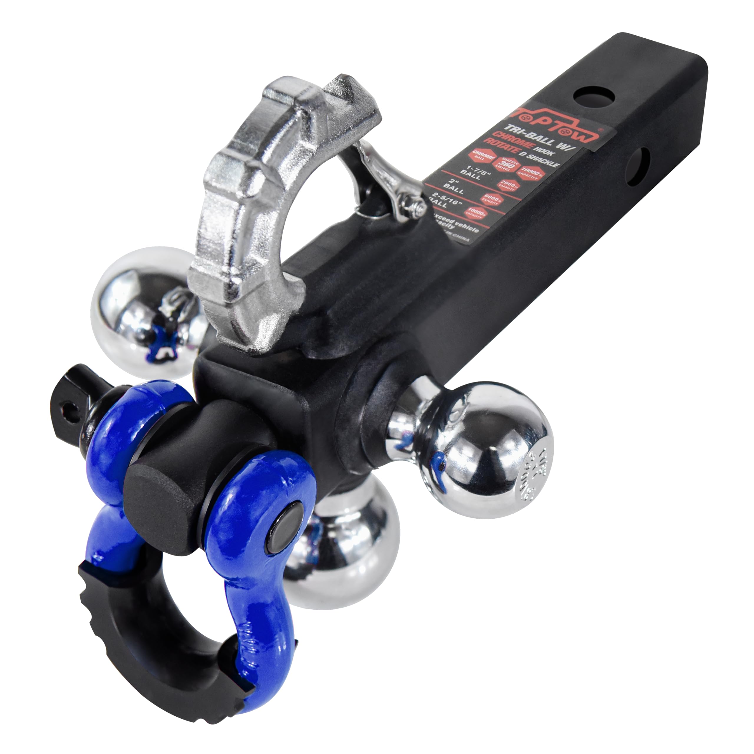 TOPTOW Trailer Hitch with Blue Recovery Shackle Ball Hitch Mount w/Chrome Triple Tow Ball, 2-in Shank, Multi Fit for 2 inch Trai