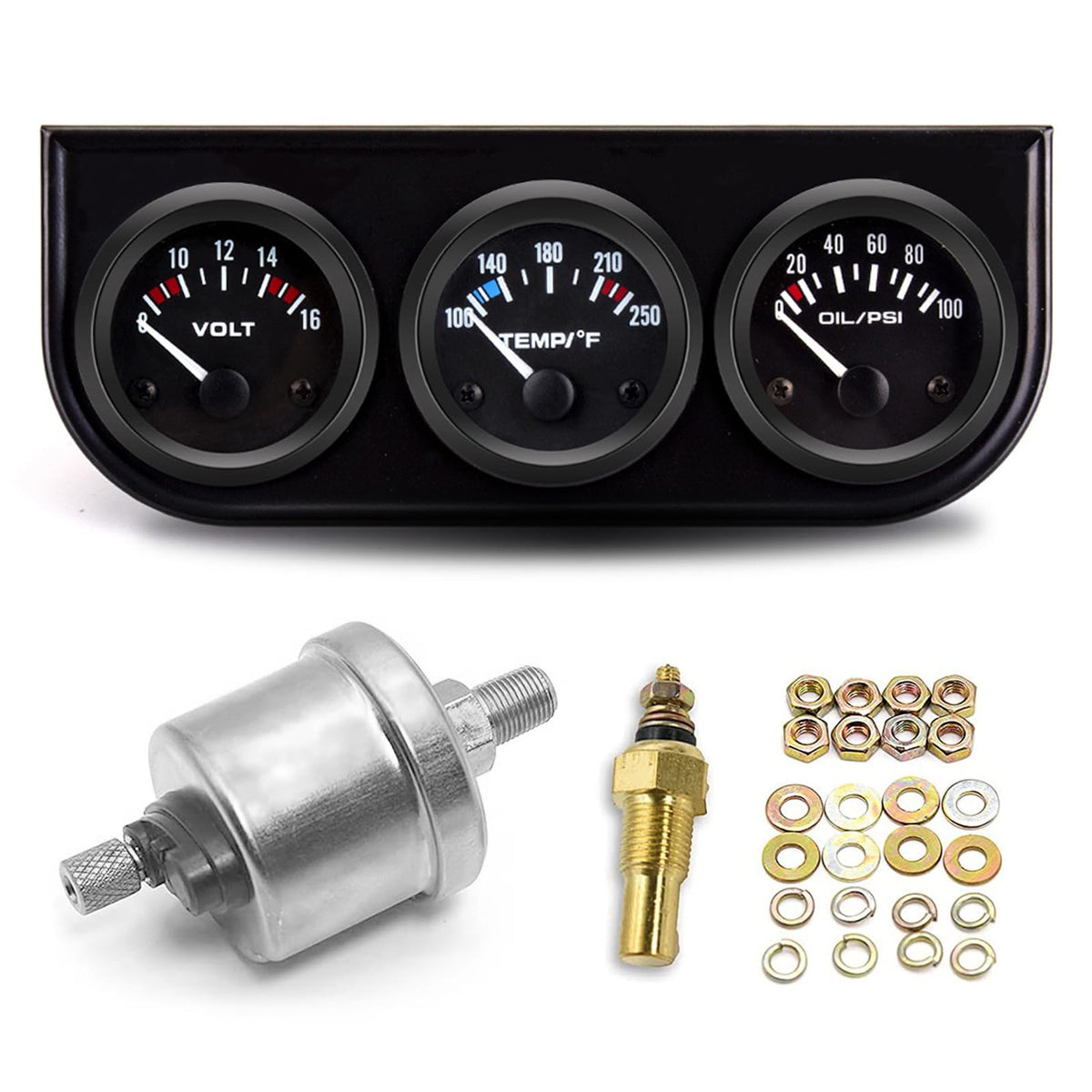 Breadeep 52Mm 3 In 1 Car Auto Gauge Kit (Volt Meter+Water Temp+Oil Pressure Meter) Stainless Steel Triple Auto Dashboard Gauge Set With Black Console For 12V Cars (Black)