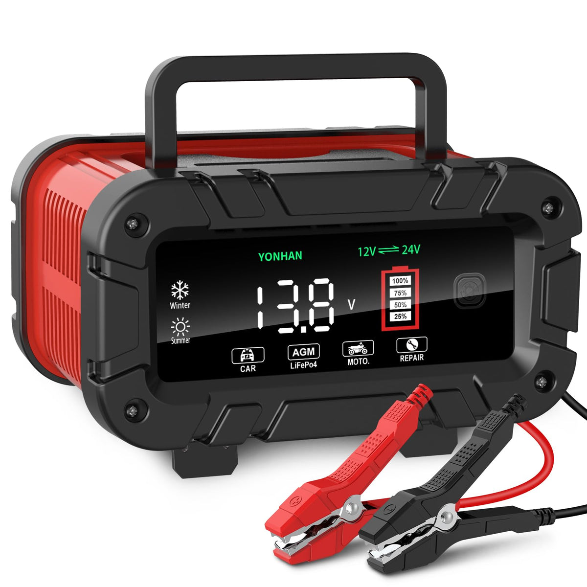 Yonhan Battery Charger 0-10 Amp, Upgraded 12V/24V Lifepo4 Lead Acid Portable Car Battery Charger W/Large Display Screen, Fully-Automatic Smart Trickle Charger Automotive, Battery Maintainer