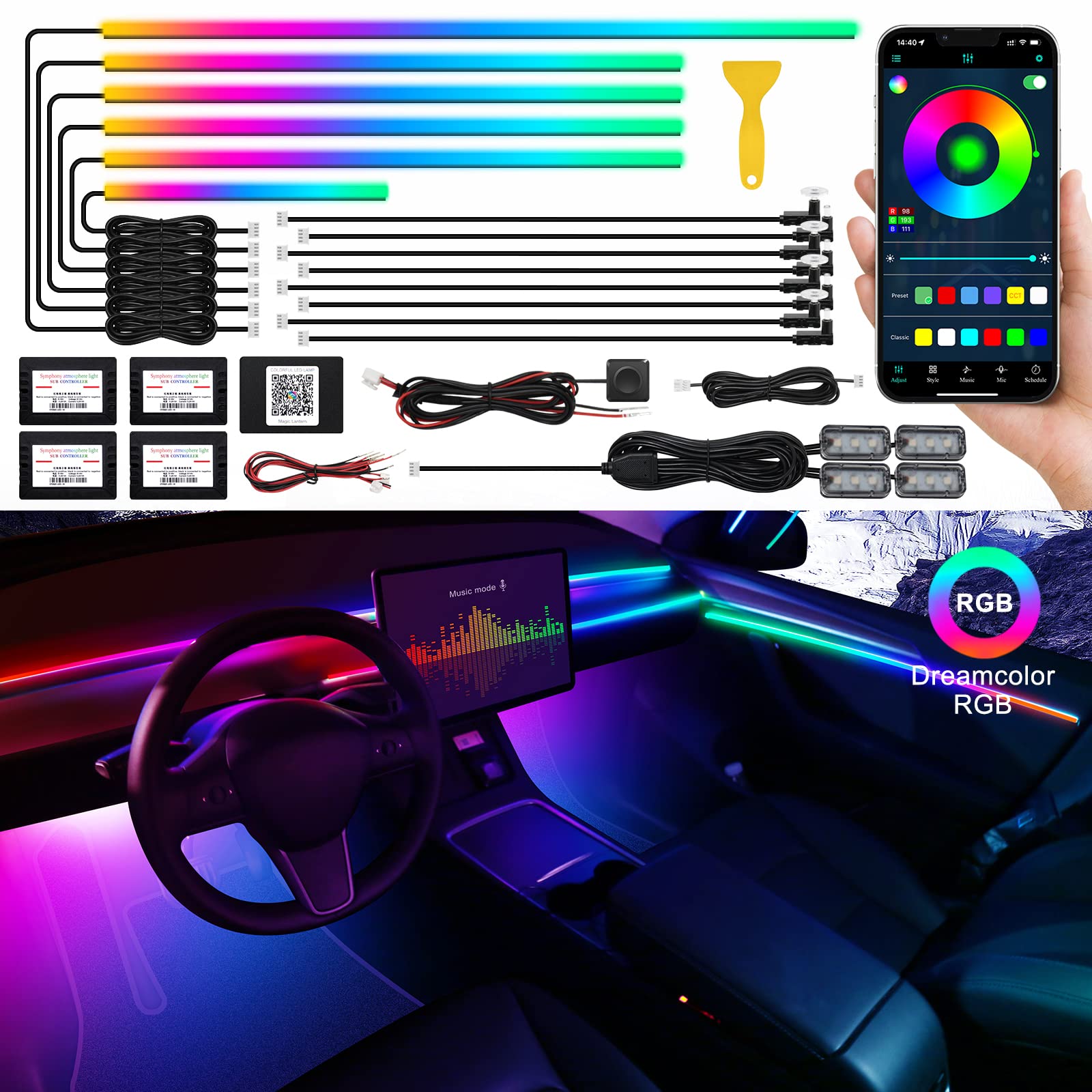 Dreamcolor Acrylic Interior Car Led Strip Light With Wireless App, Rgb 18 In 1 With 175 Inches 593 Leds Fiber Optic Ambient Ligh