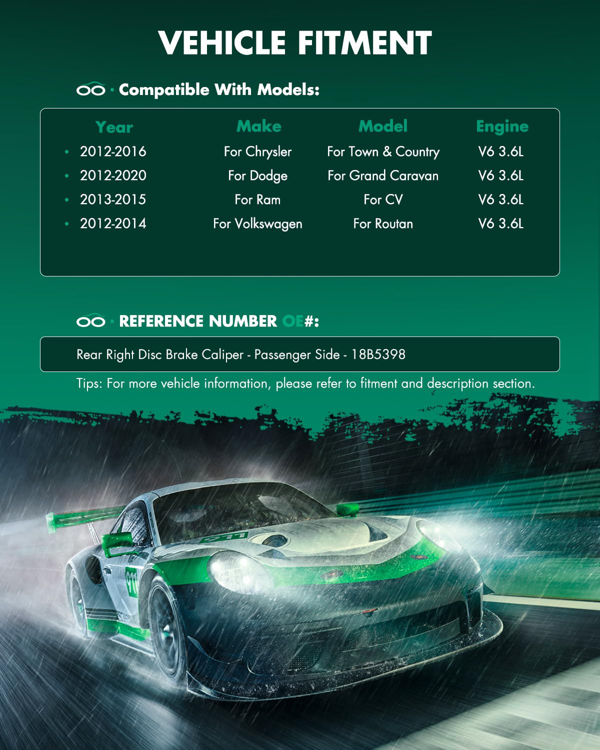 Scitoo Rear Right Brake Caliper With Bracket 18B5398 Compatible For Chrysler Town & Country 2012-2016, For Dodge Grand Caravan 2