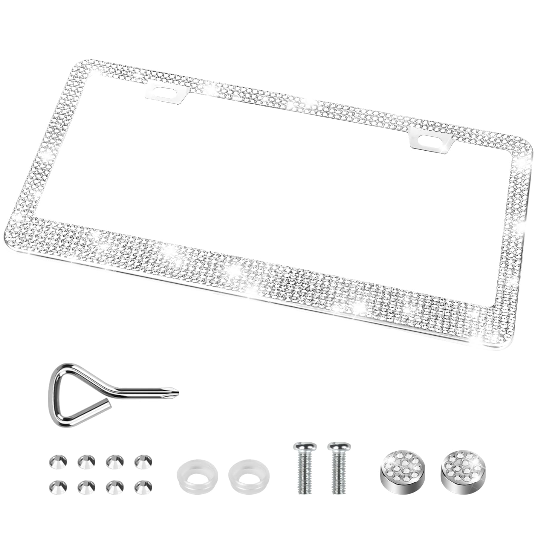 Quanqiufei Bling License Plate Frames For Women, Sparkly Rhinestone Diamond Car Accessories With Glitter Crystal Caps (1 Pack Wh