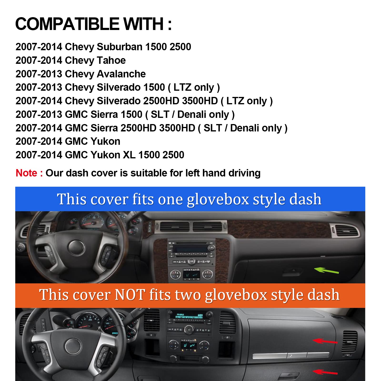 Hanlanka Dashboard Cover Dash Mat Compatible With 2007-2014 Chevy Chevrolet Tahoe Suburban,2007-13 Chevy Avalanche Silverado 150