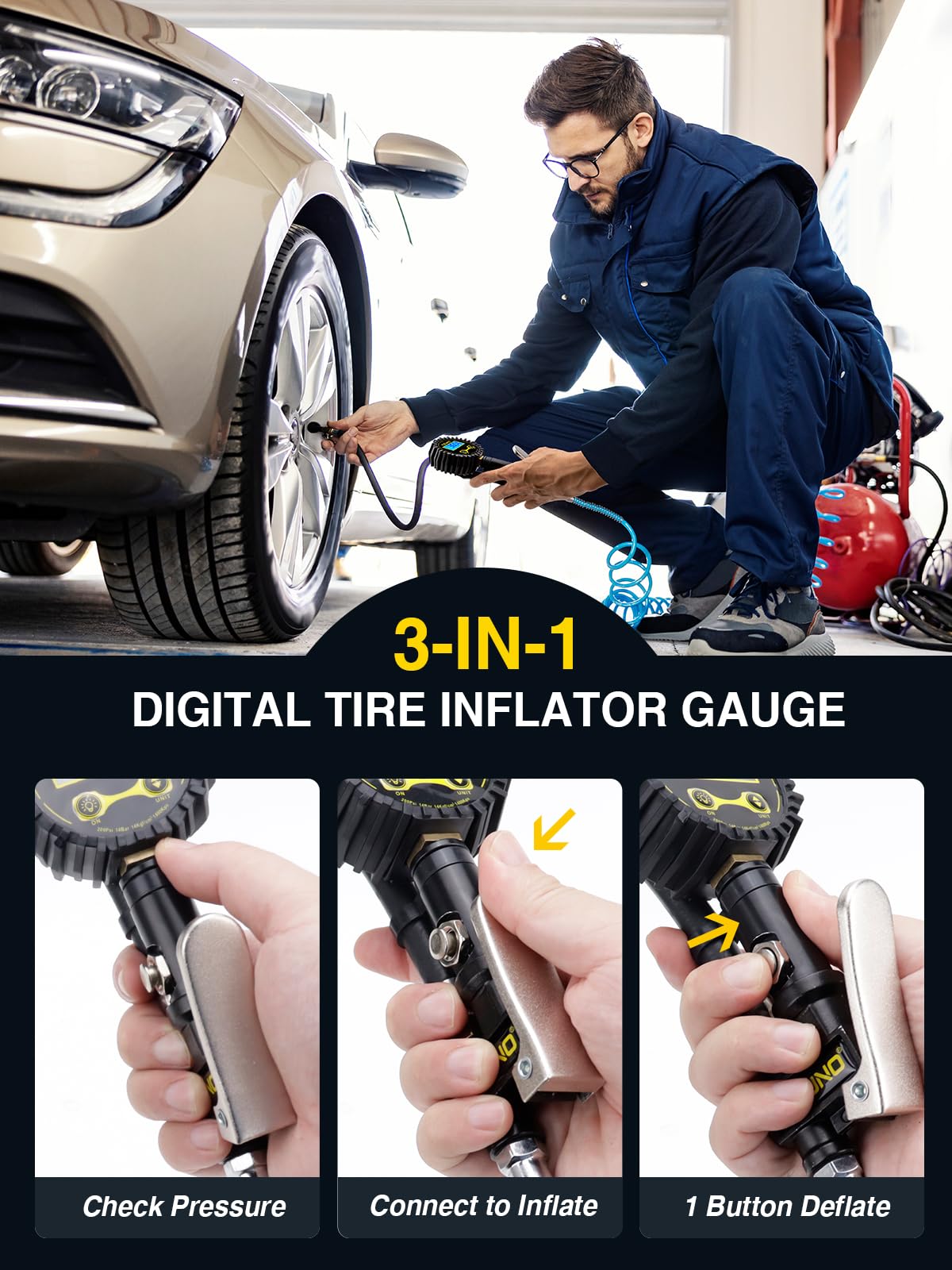 Azuno Digital Tire Inflator With Pressure Gauge, 200 Psi, Heavy Duty Air Compressor Accessories, With Rubber Hose Lock On Air Ch