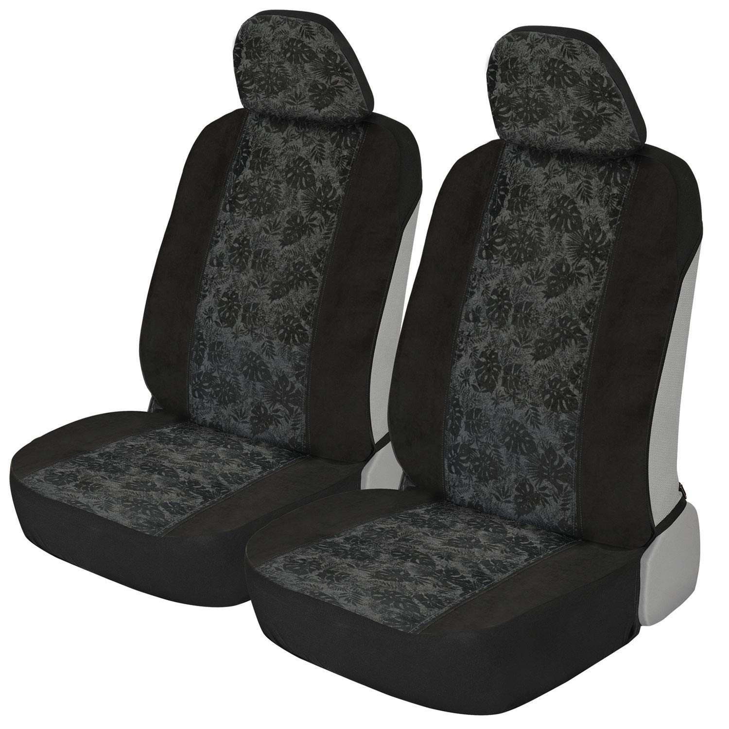 Bdk Black Maui Car Seat Covers For Front Seats, 2 Pack - Tropical Pattern Front Seat Cover Set With Matching Headrest, Sideless Design For Easy Installation, Fits Most Car Truck Van And Suv