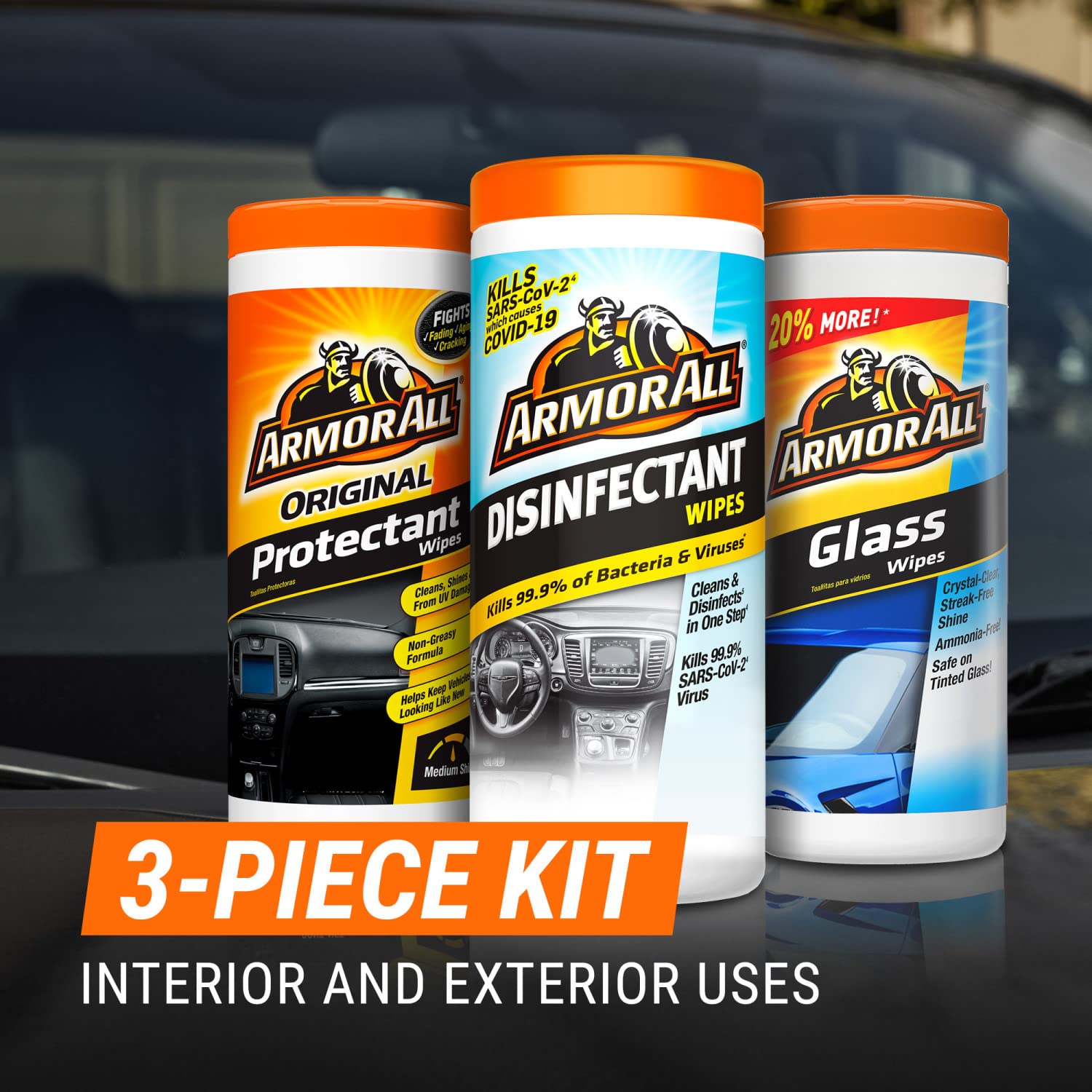 Armor All Car Cleaning Wipes Kit, Includes Protectant Wipes, Disinfectant Wipes, Glass Cleaner Wipes For Cars, Trucks, And Motor