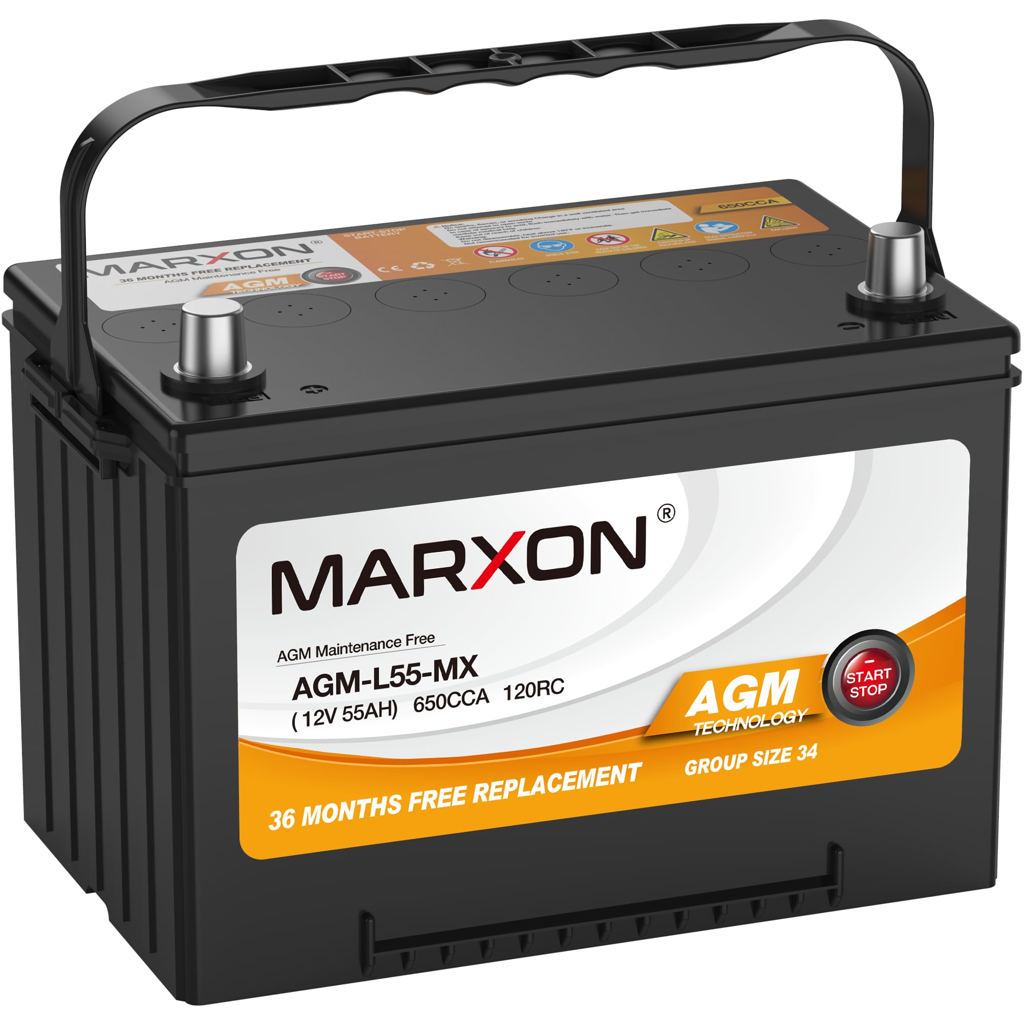 MARXON Group 34 Start and Stop Car Battery 12v 55AH 650CCA AGM BCI34 Maintenance Free Automotive Replacement Batteries