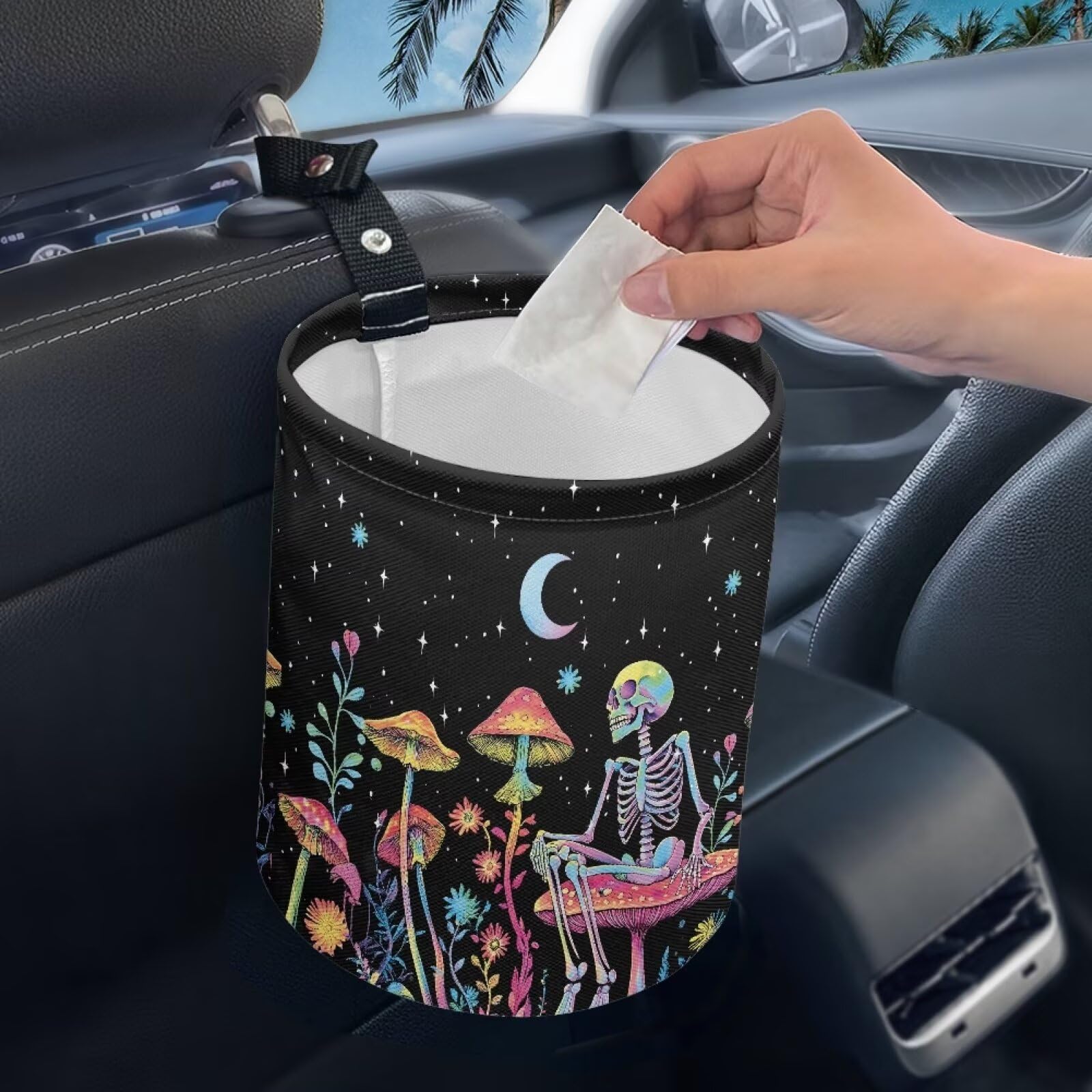 Brosoneto Mushroom Skull Car Trash Bag - Portable Garbage Bin for Front Seat, Back Seat, Floor - Universal Collapsible Easy to C