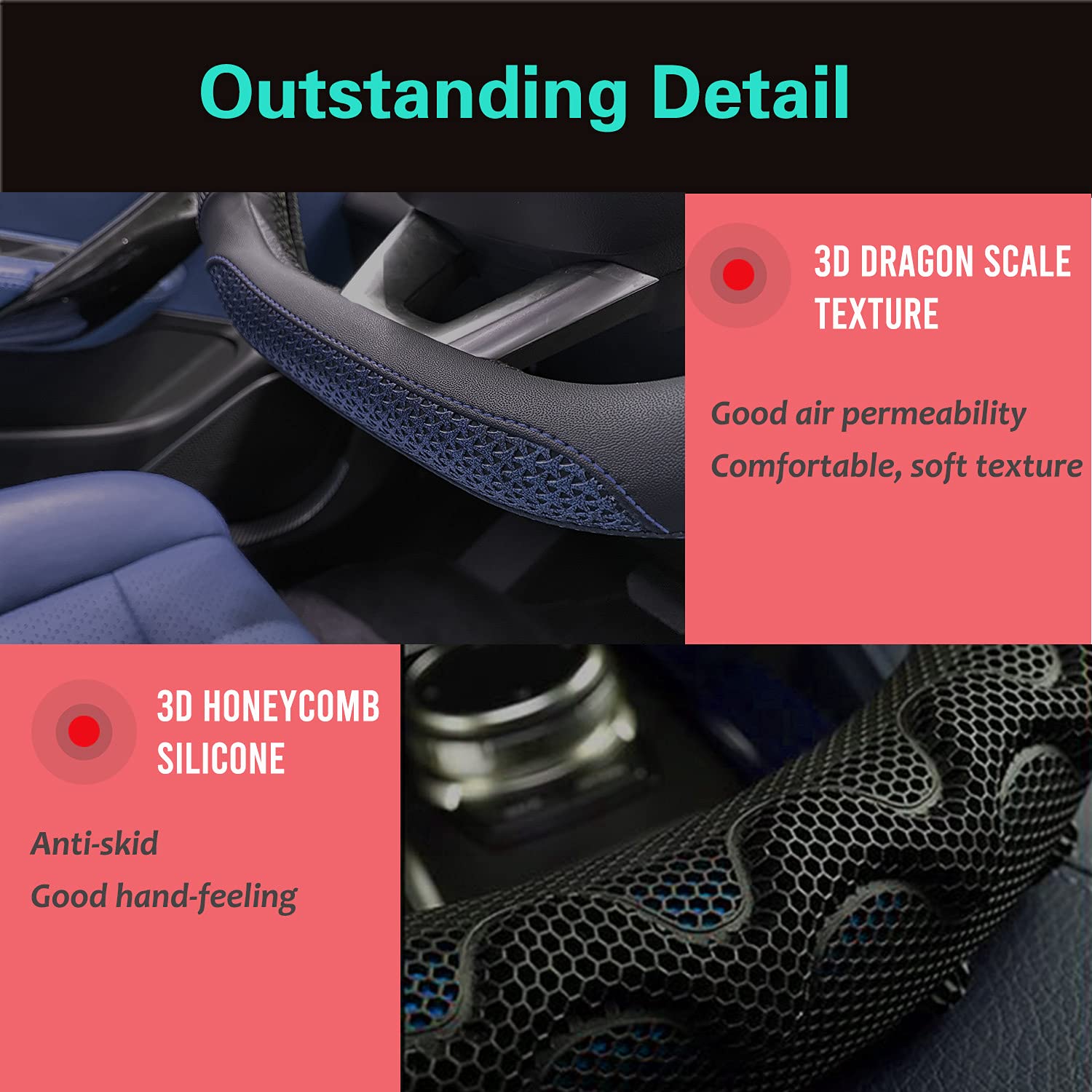 Pinctrot D Shaped 14.5-15 Inch Steering Wheel Cover Great Grip With 3D Honeycomb Anti-Slip Design, Flat Bottom 14.5-15 Inch (Blu