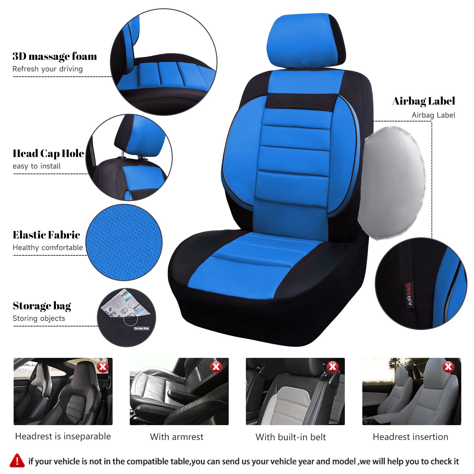 Car Pass 3D Foam Back Support,Universal Two Front Car Seat Cover Cloth -100% Comfortable &Breathable& All Season. Fit Automotive,Suv,Sedan,Van, Airbag Compatible Elegance Stylish (Blk Blue