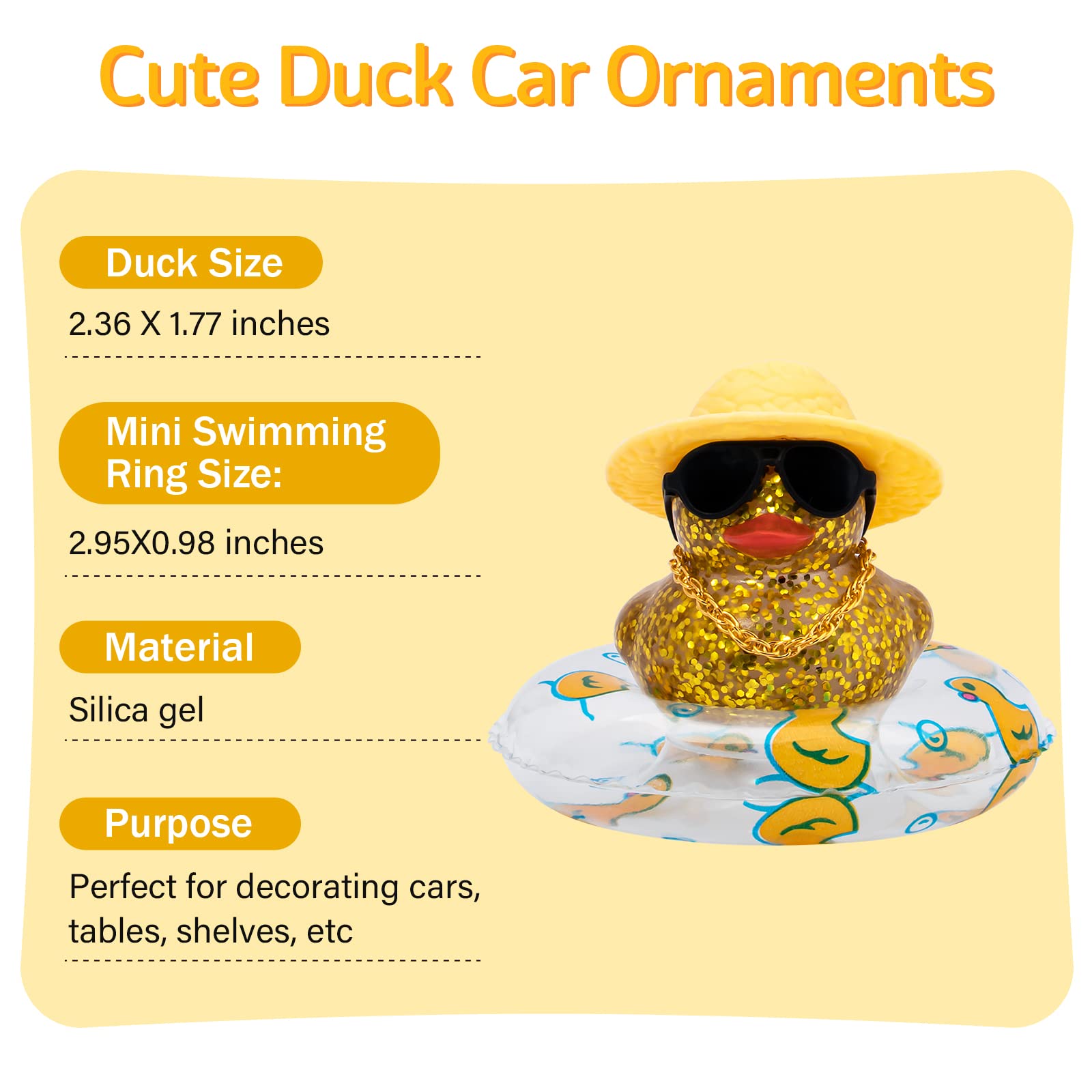 Wonuu Shining Rubber Ducks With Sunglasses Swim Ring Necklace Hat Glitter Cute Car Accessories Dashboard Decorations Car Duck De