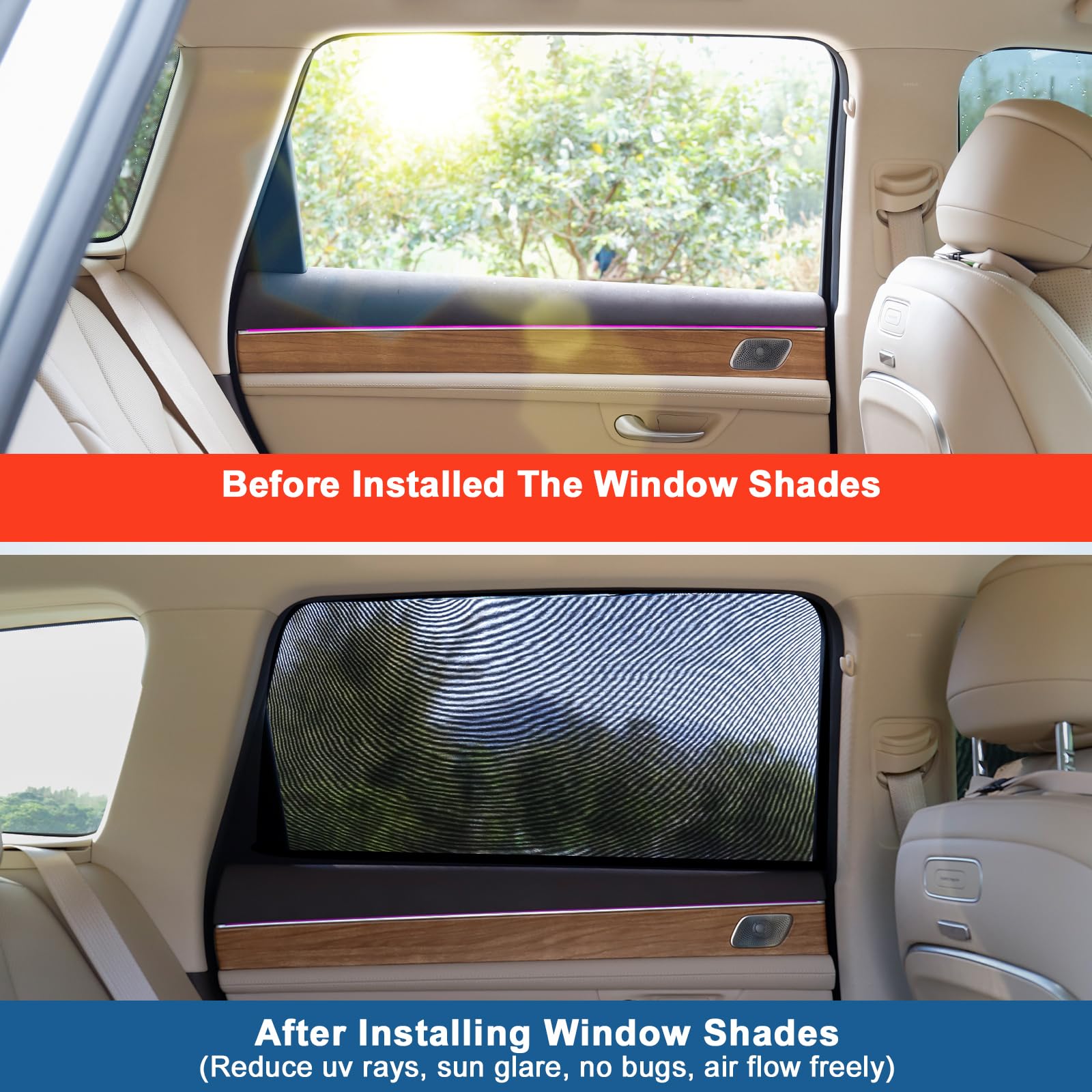 Latest Breathable Mesh Car Window Shades for Camping, Rear Side Car Window Screen Cover Mosquito Net Fit for 97% of Cars SUVs, R