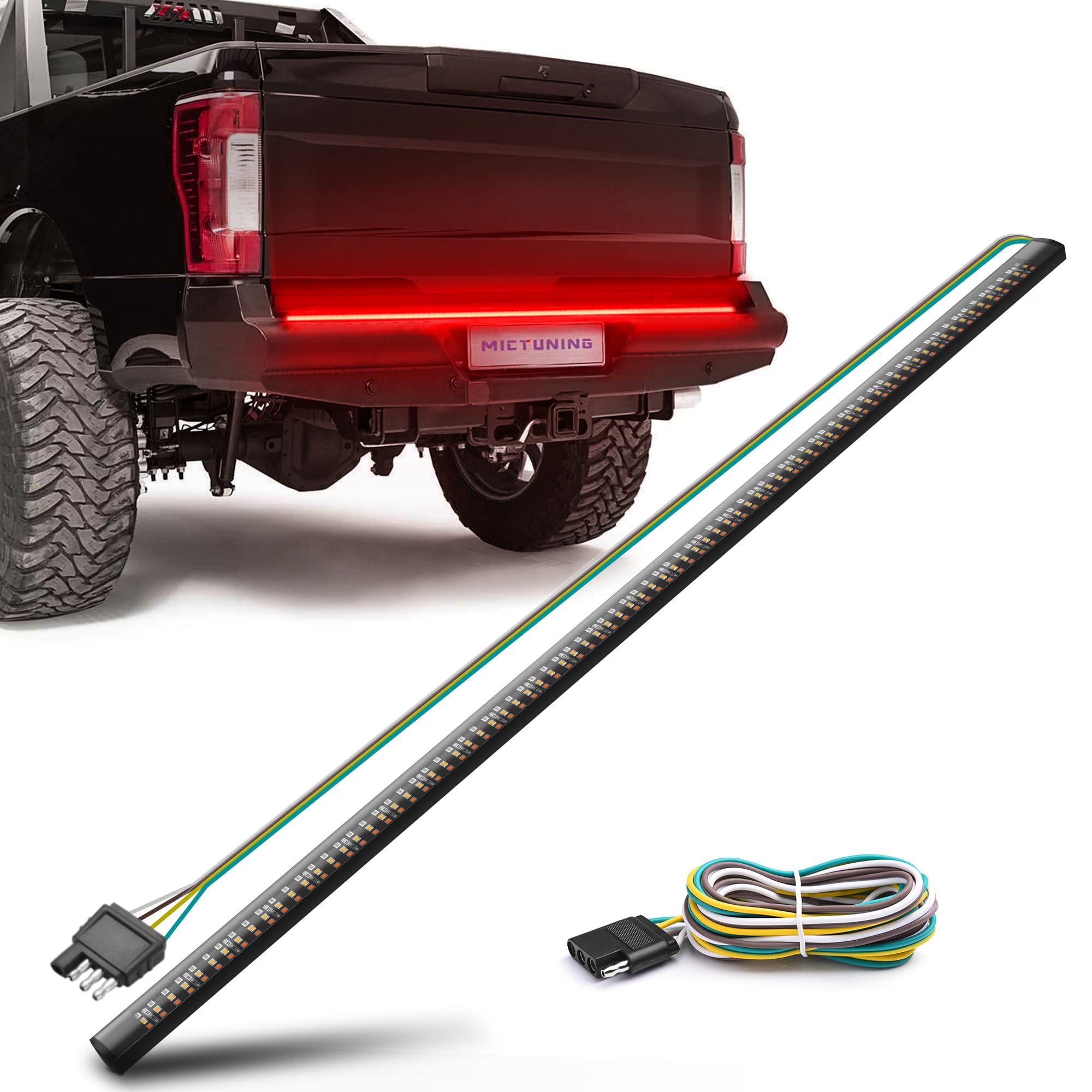 Mictuning 60 Inches Triple Row 432 Leds Tailgate Strip Light Waterproof With 4-Way Flat Connector - 5 Functions Sequential Amber