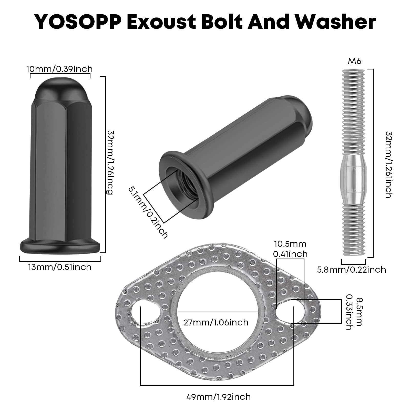 Yosopp Gy6 Exhaust Bolt Nuts Gasket For 50Cc 70Cc 90Cc 110Cc 125Cc 150Cc Scooters Atvs Gmb139 Engine Moped Quad 4 Wheeler Dune Buggy Go Karts Taotao Sunl Coolster Jonway Roketa Sandrail (Black)