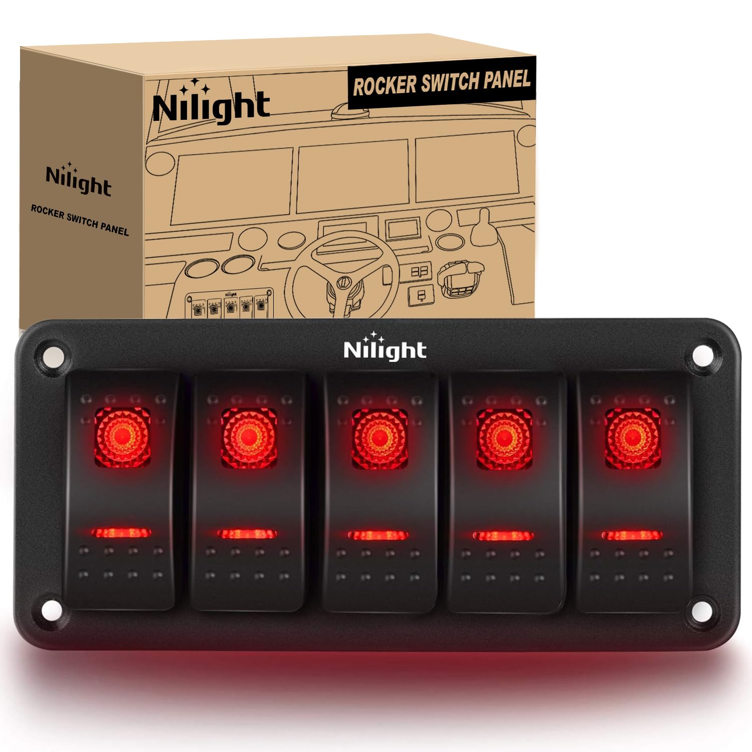 Nilight 5 Gang Rocker Switch Panel 5Pin On Off Toggle Switch Aluminum Holder 12V 24V Dash Pre-Wired Red Backlit Switches For Aut