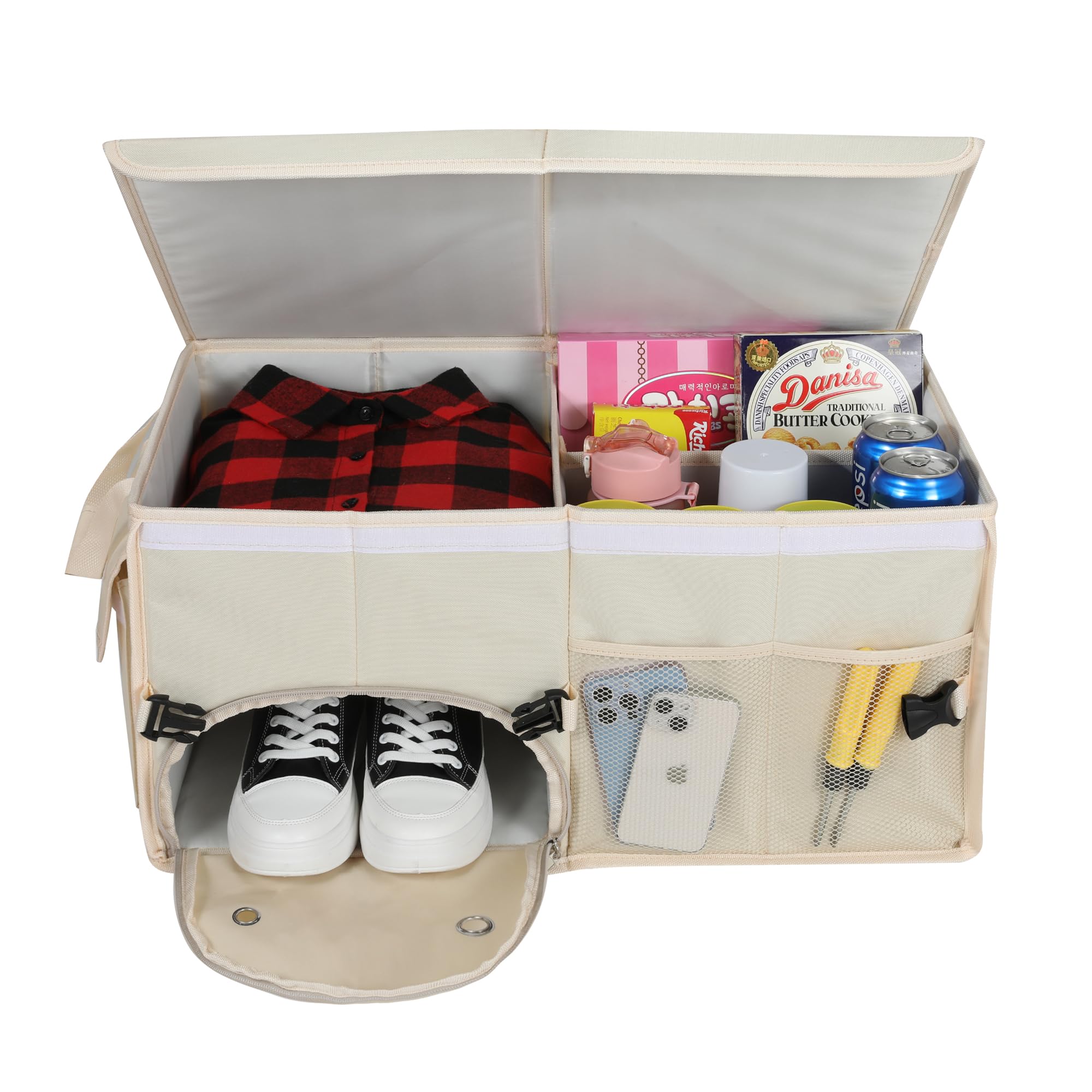 Aokjoy Car Trunk Organizer With Lid Car Storage Organizer Collapsible Multi Compartment Car Organizerwith Shoe Bag For Suv(Beige