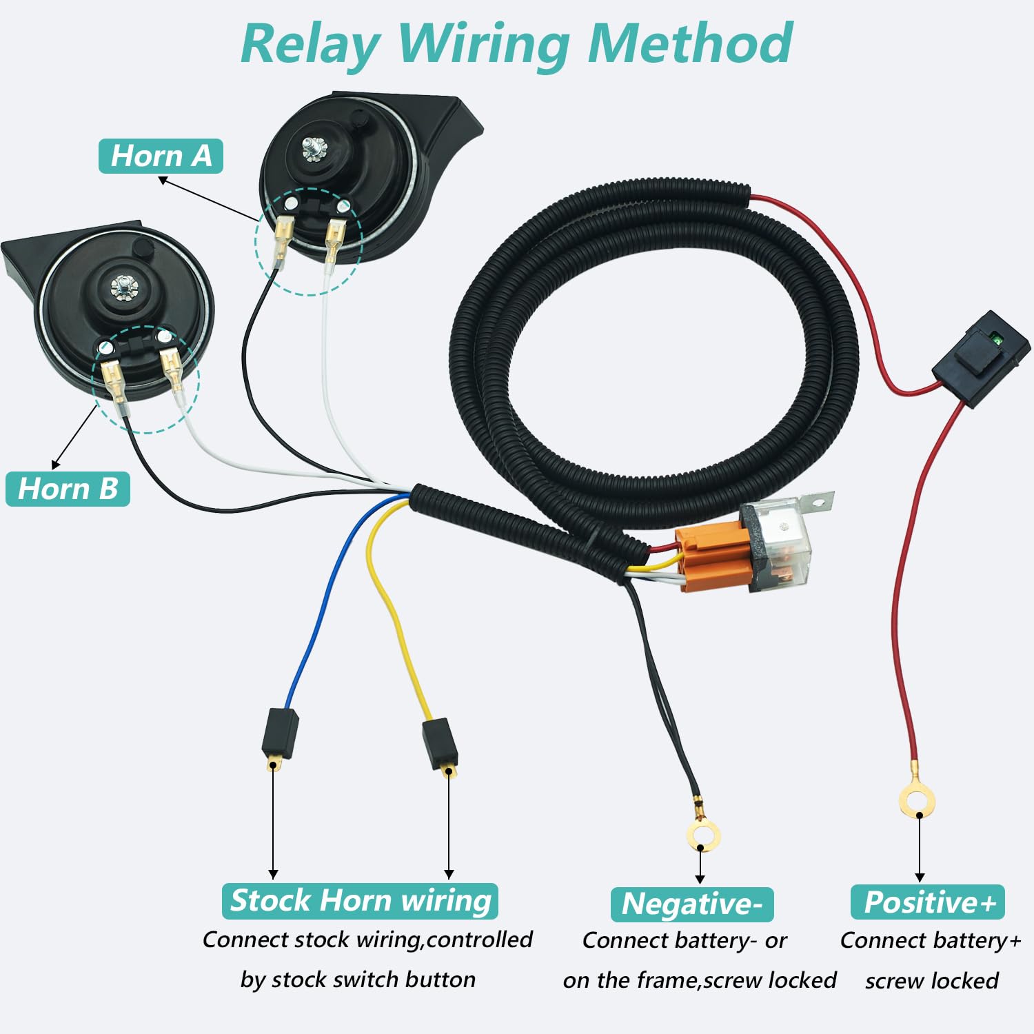Neoget Car Horn 12V With Relay Wiring Harness Kit, 1 To 2 Universal Horn Splitter Converter For 12 Volt Vehicle Automotive Motor