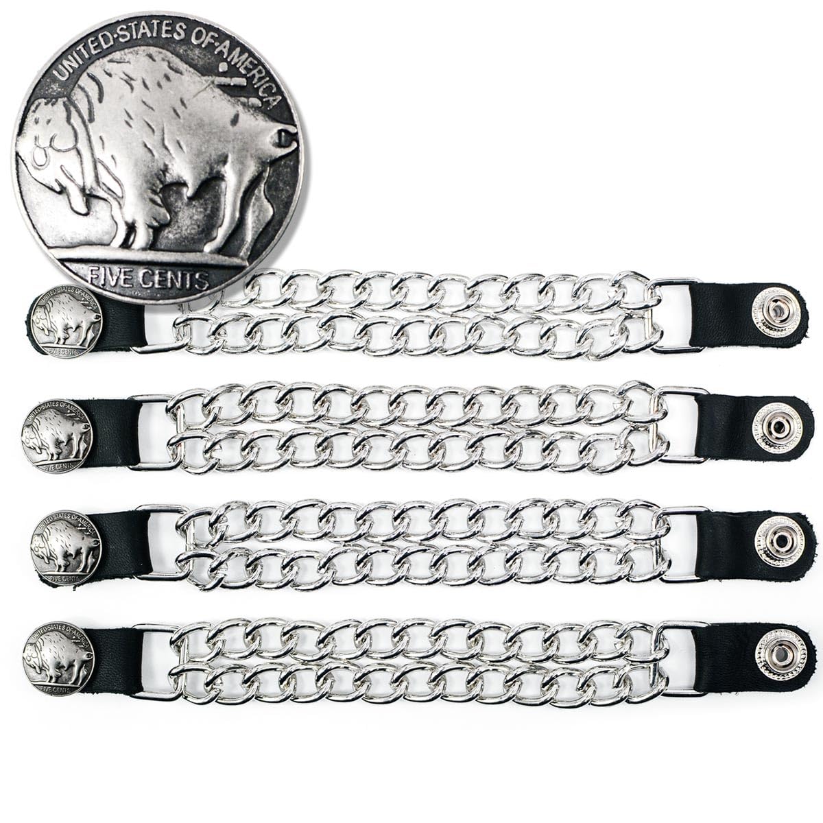 Milwaukee Leather 5 Cent Buffalo Medallion Vest Extender - Double Chrome Chains Genuine Leather 8.5 Extension 4-PCS MLA6043SET -