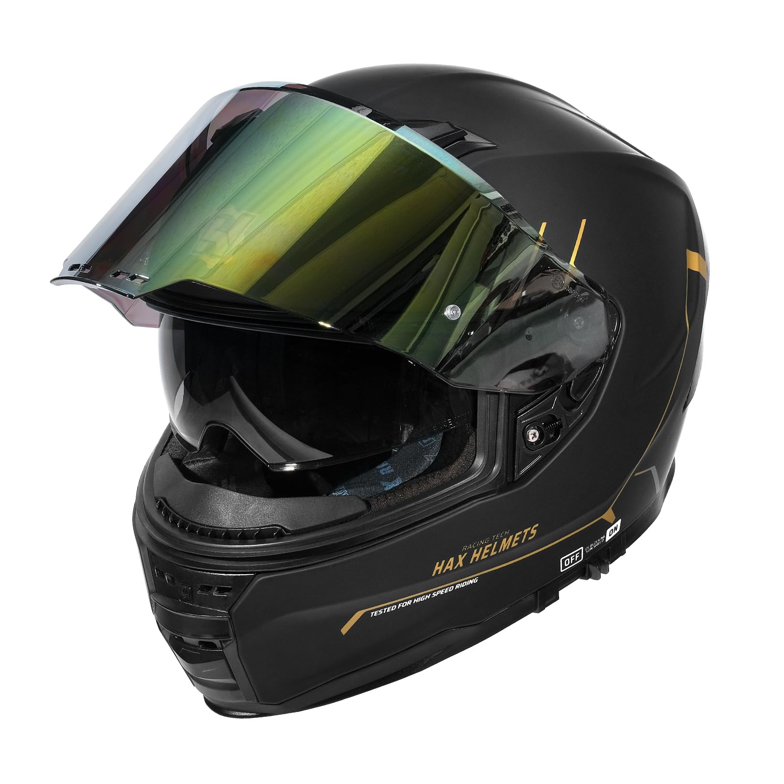 Hax Force Aerodynamic Full Face Helmet For Street & E-Bikes Dot & Ece Certified - Enhanced Dual Visor, Adult Size, Pinlock Ready Matte Black Gold L