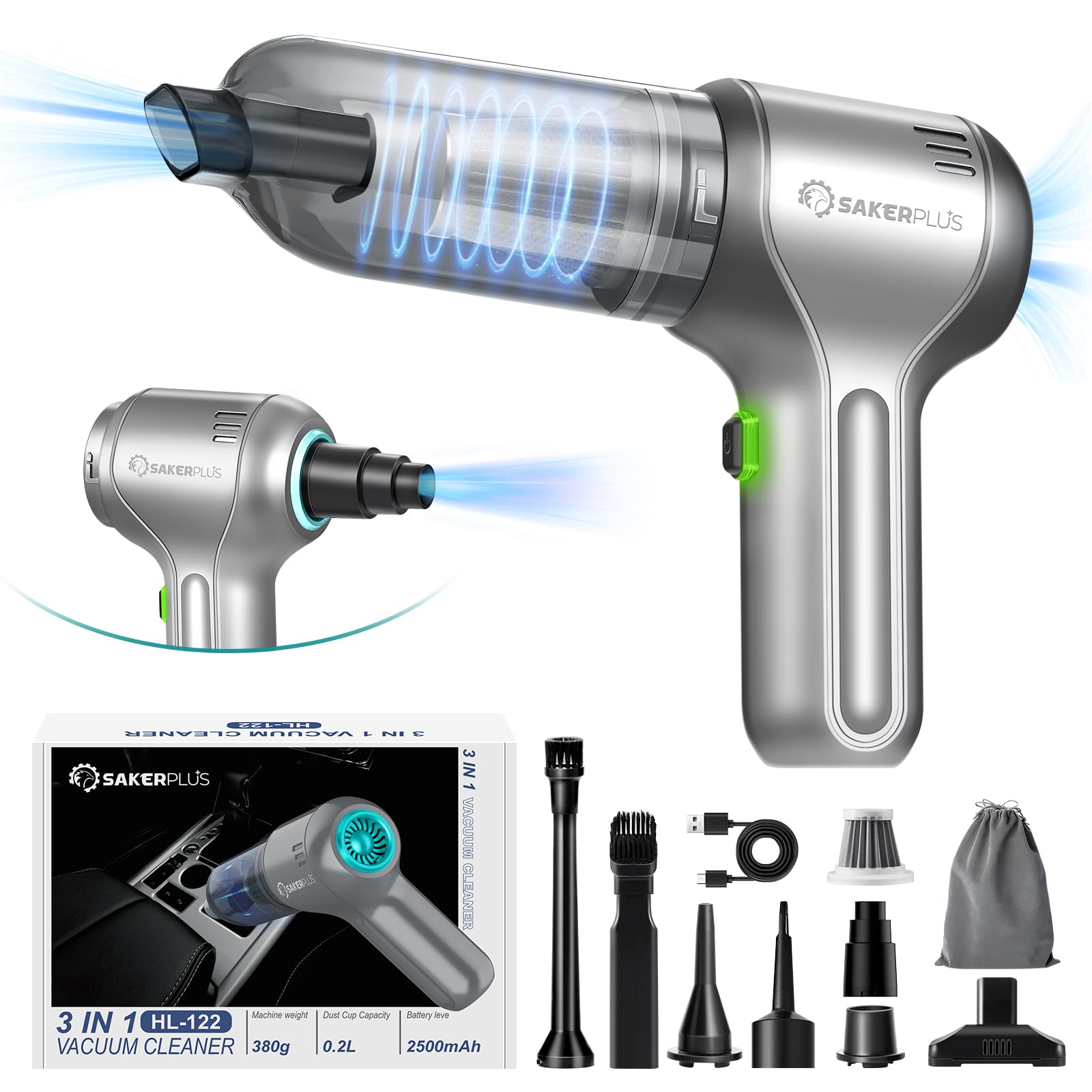 Sakerplus Car Vacuum Cleaner-Wireless Handheld Car Vacuums With Best Suction,Brushless Motor 12000Pa Maximum Power,3 In 1 Mini Portable Vacuum Cleaner Cordless For Home,Office,Kitchen,Cars