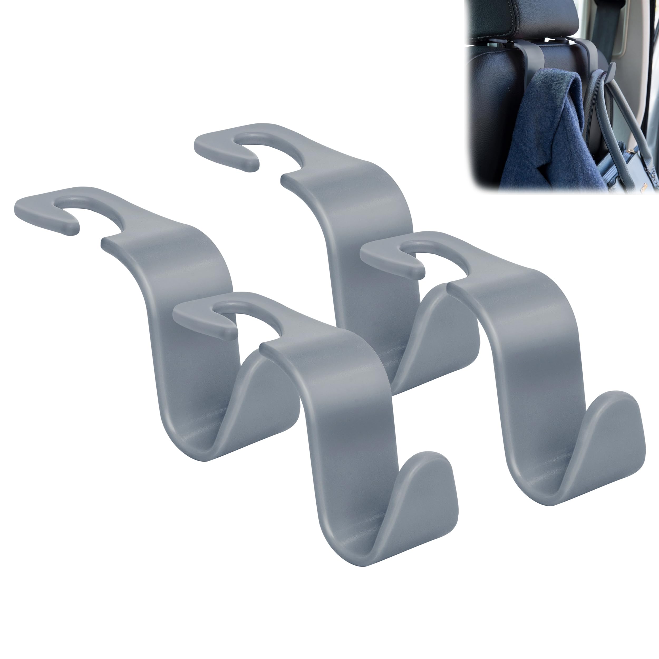 Amooca Car Seat Headrest Hook 4 Pack Hanger Universal Vehicle Car Storage Organizer For Handbag Purse Coat S Type Grey