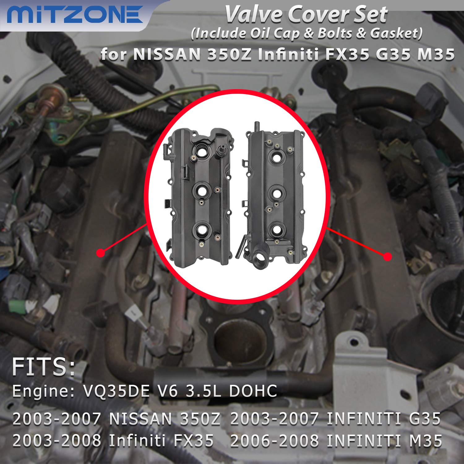Mitzone Engine Valve Cover Set With Bolts & Oil Cap & Gaskets & Spark Plug Tube Seals & Pcv Valve Compatible With 2003-2008 Niss