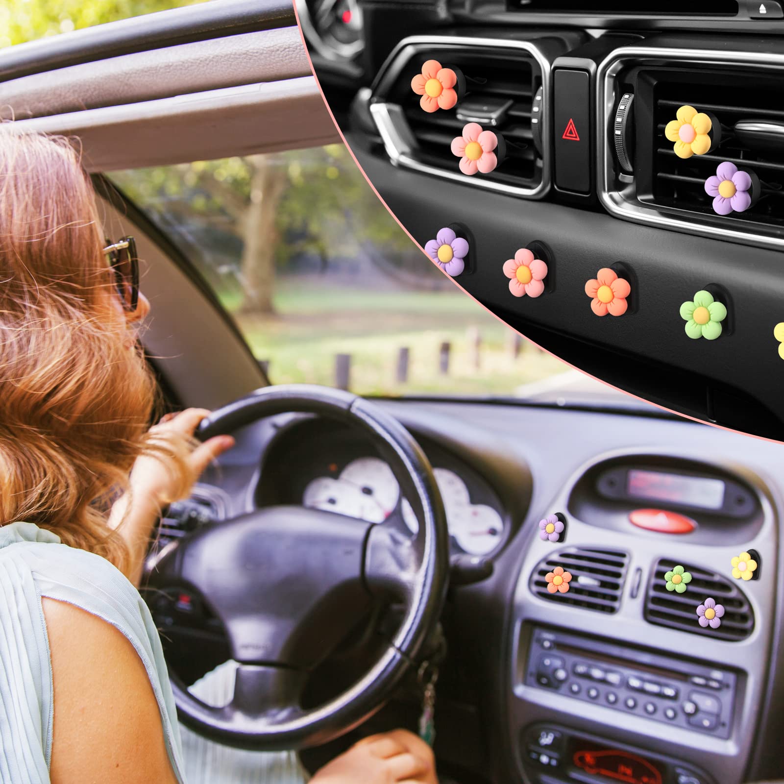 Tallew 12 Pcs Daisy Air Vent Clips Hook, Cute Flower Car Fresheners Charms Diffuser Clip Adhesive Hook Boho Accessories Interior Decor For Girls Women, Blue,Green,Orange,Pink,Purple