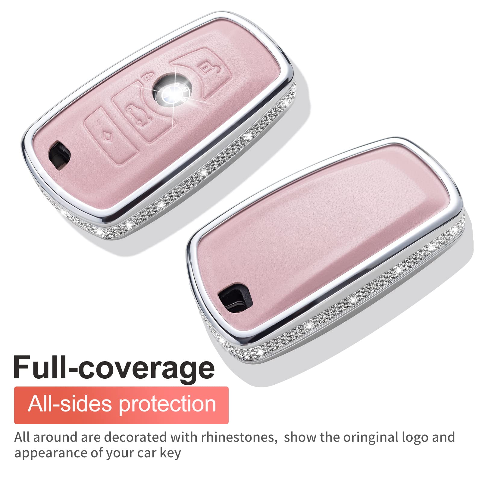 Ruabiban For Bmw Key Fob Cover With Keychain, Pink Genuine Leather Crystal Key Case Protection Shell Compatible With Bmw 1 3 4 5