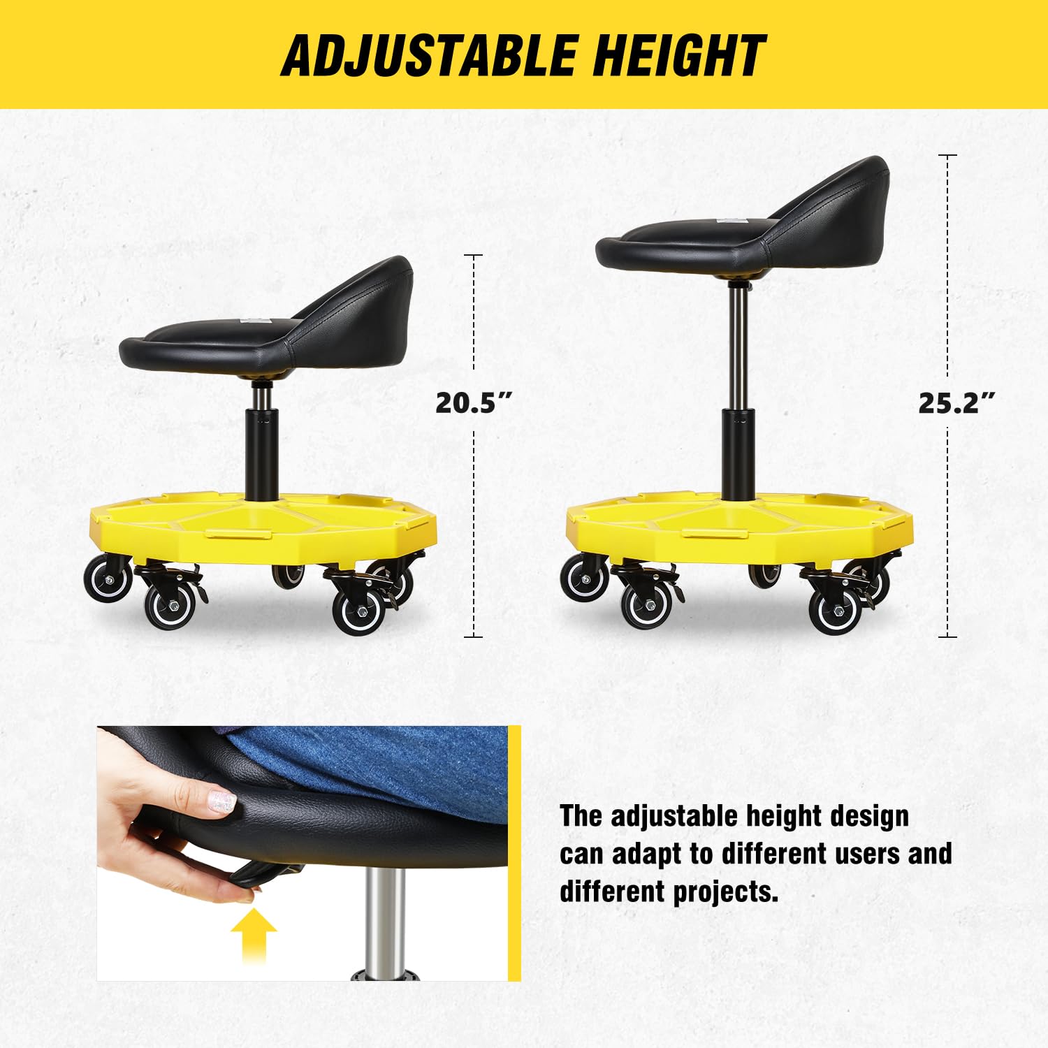 Dna Motoring 350 Lbs Rolling Garage Stool, 20.5'' To 25.2'' Adjustable Height Foam-Pad Seat, Round Tools Stool, Heavy Duty 3'' W