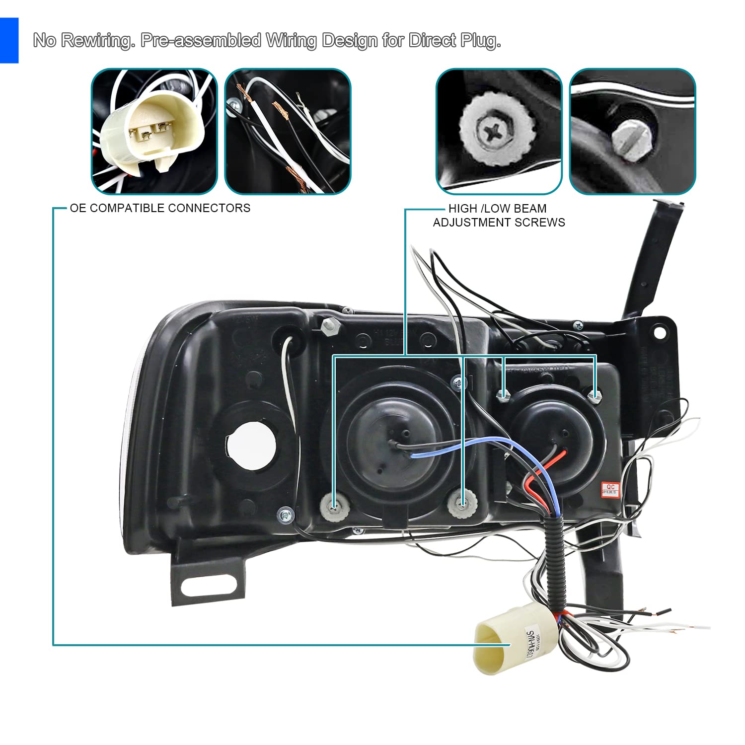 Spec-D Tuning Chrome Housing Clear Lens Projector Headlights Compatible With 1994-2001 Dodge Ram 1500/2500/3500, Left + Right Pair Headlamps Assembly