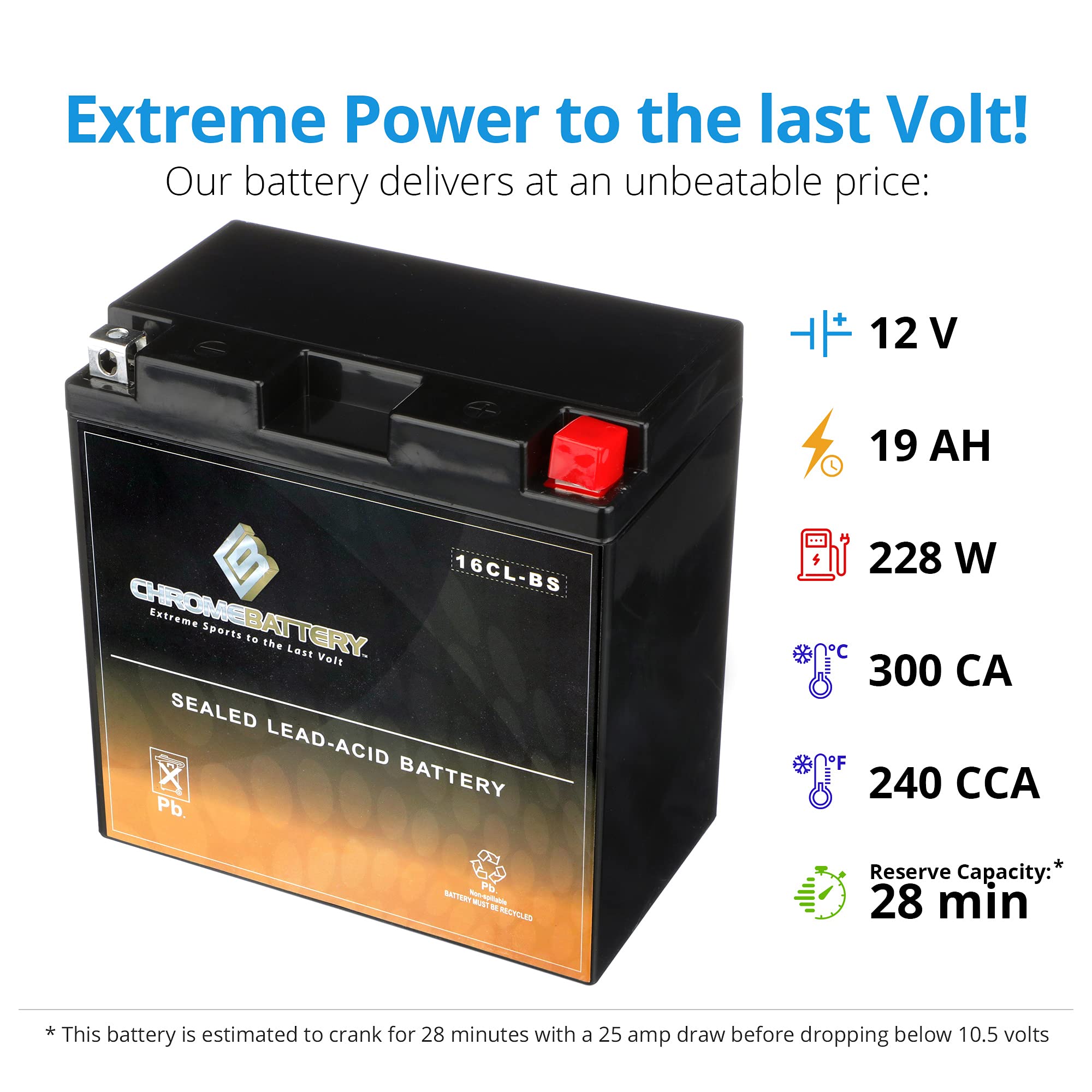Cb Chromebattery Yb16Cl-Bs Maintenance-Free, 240Cca, 12V 19Ah Battery Replacement For Brp Sea-Doo Jet Skis, And More - Nut And B