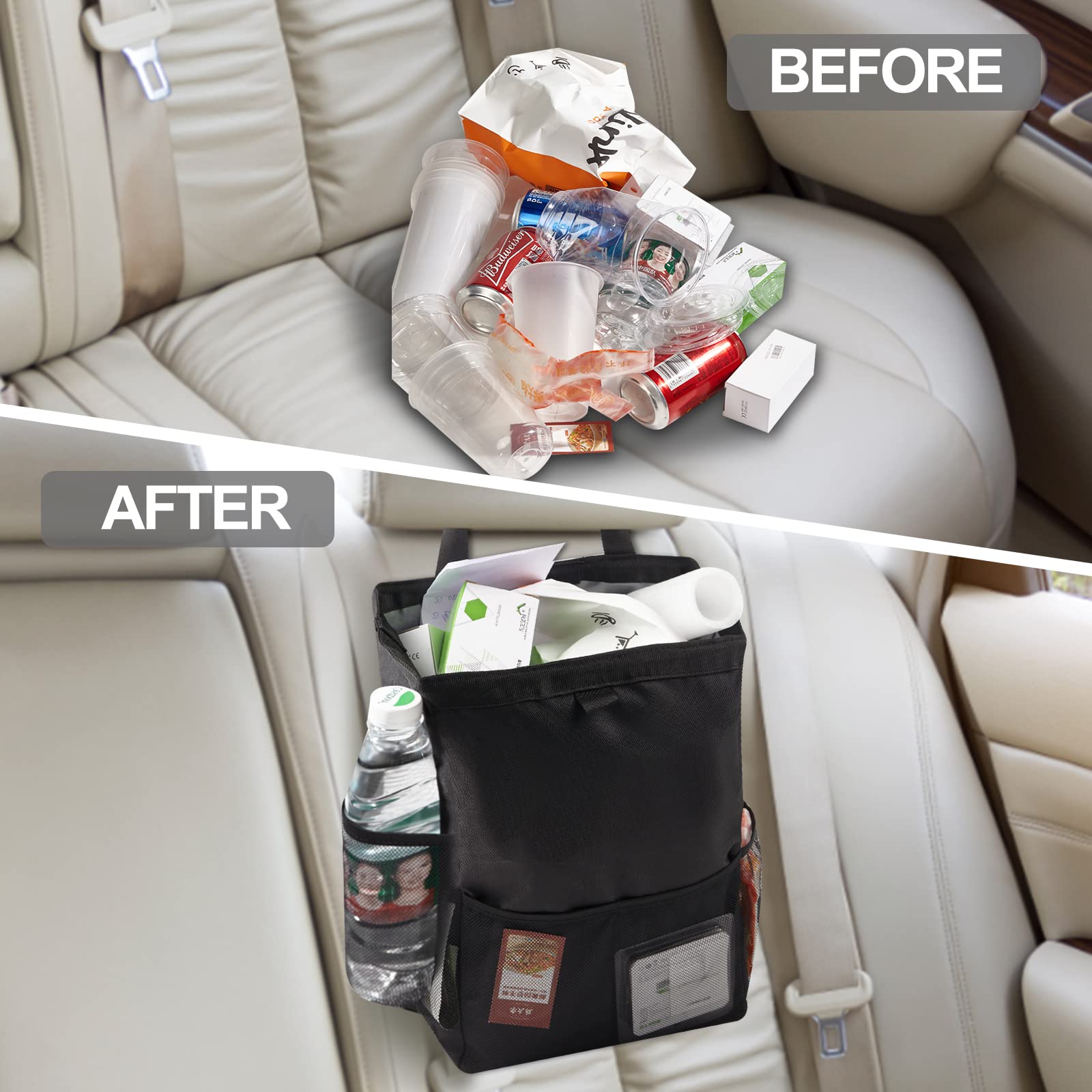 Wplhb Hanging Car Trash Bag, Washable Eco-Friendly Car Trash Can, Car Garbage Bag With Storage Pockets, For Outdoor Traveling Vehicles (Black)