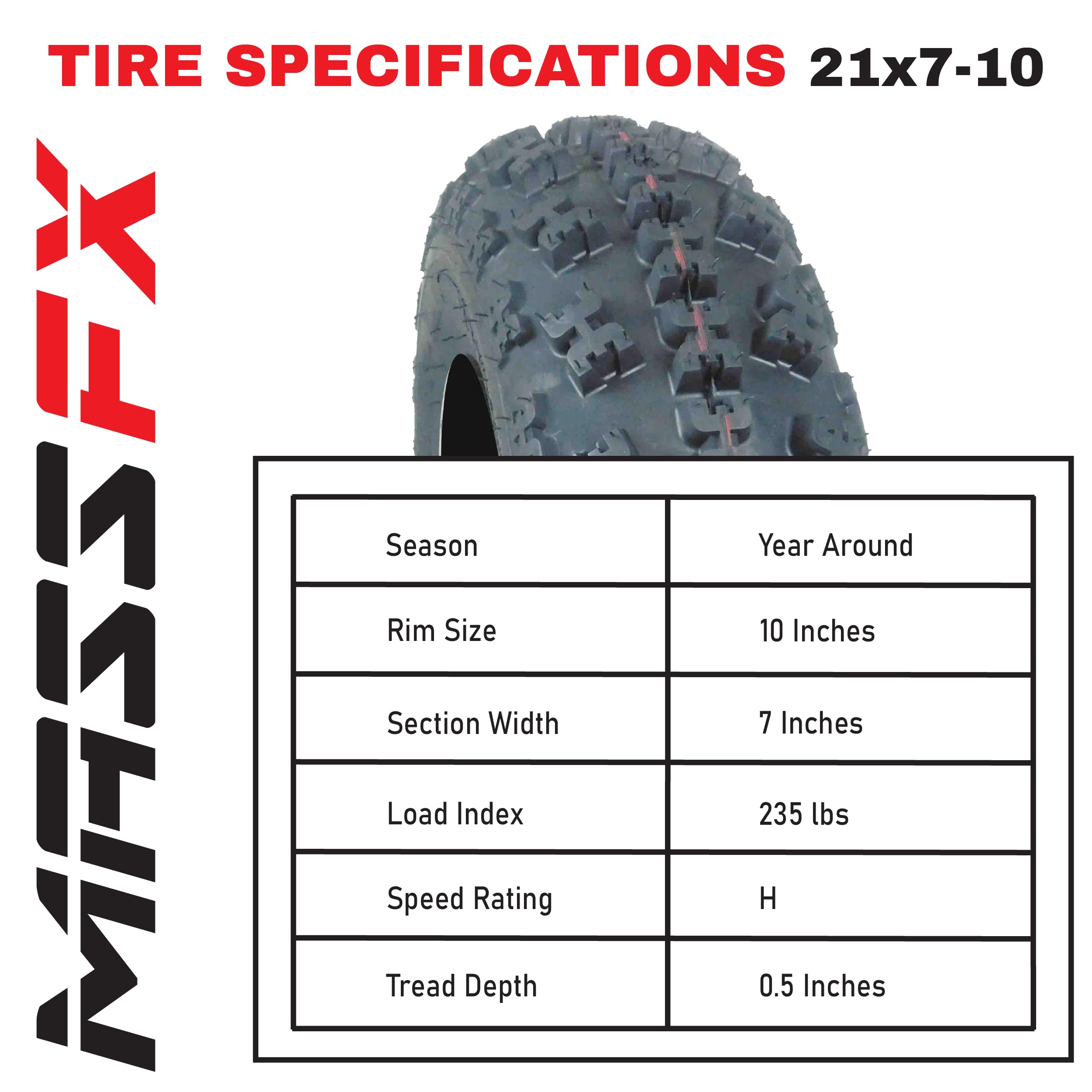 MASSFX 21x7-10 Front Tires (2) for Sport Quad: All-Terrain (ATV), Utility-Task (UTV), and Side-by-Side (SxS) Vehicles - 4-Ply wi