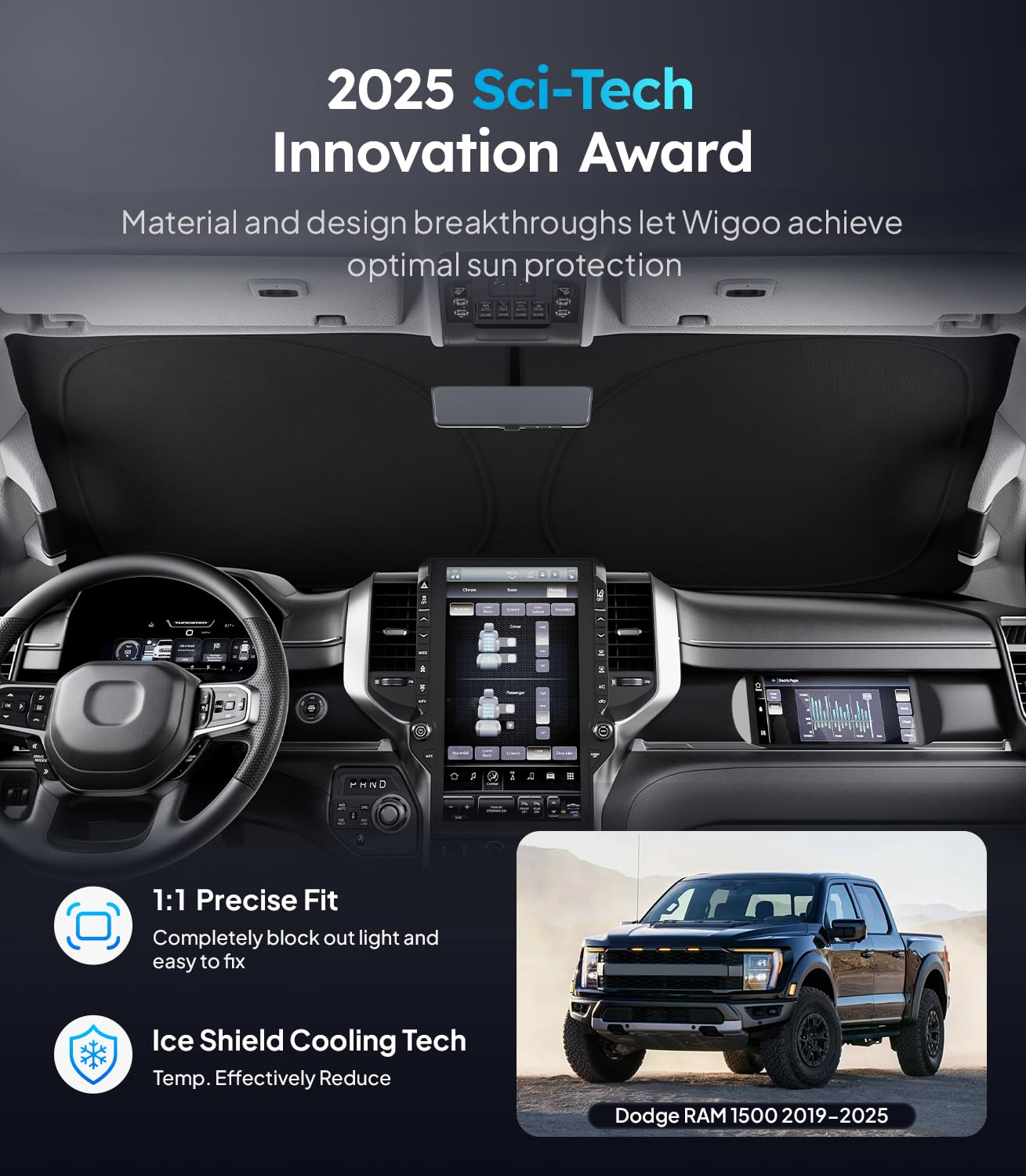 Wigoo For Dodge Ram 1500 2019-2025 Windshield Sunshade [100% Sun Block, 4Th-Gen Cooling Tech] Foldable Heat Insulation Front Win