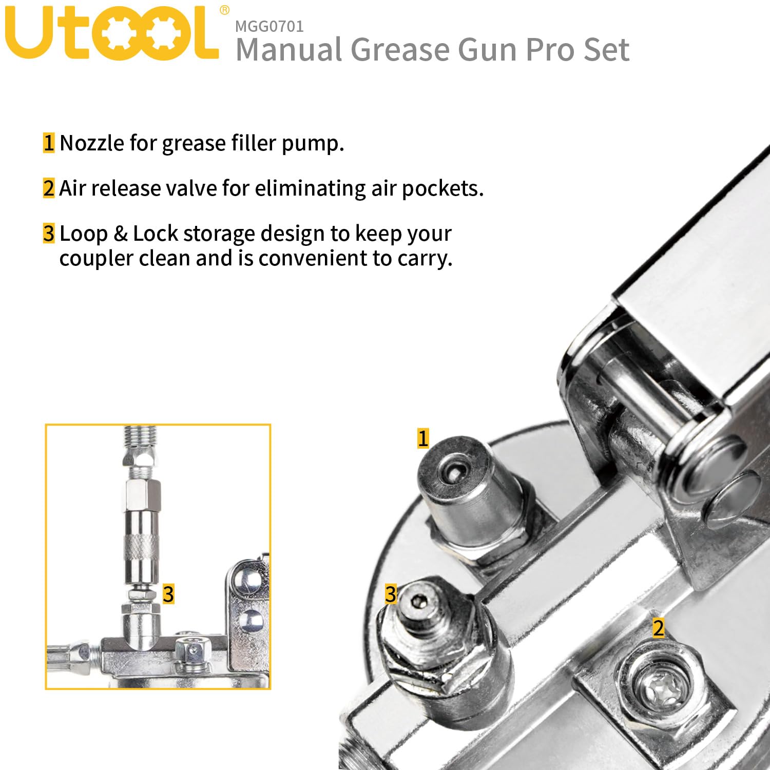 Utool Grease Gun, 8000 Psi Heavy Duty Pistol Grip Grease Gun Kit, 14 Oz Capacity, 20 Inch Rubber Flex Hose, 1 Patented Double Ha