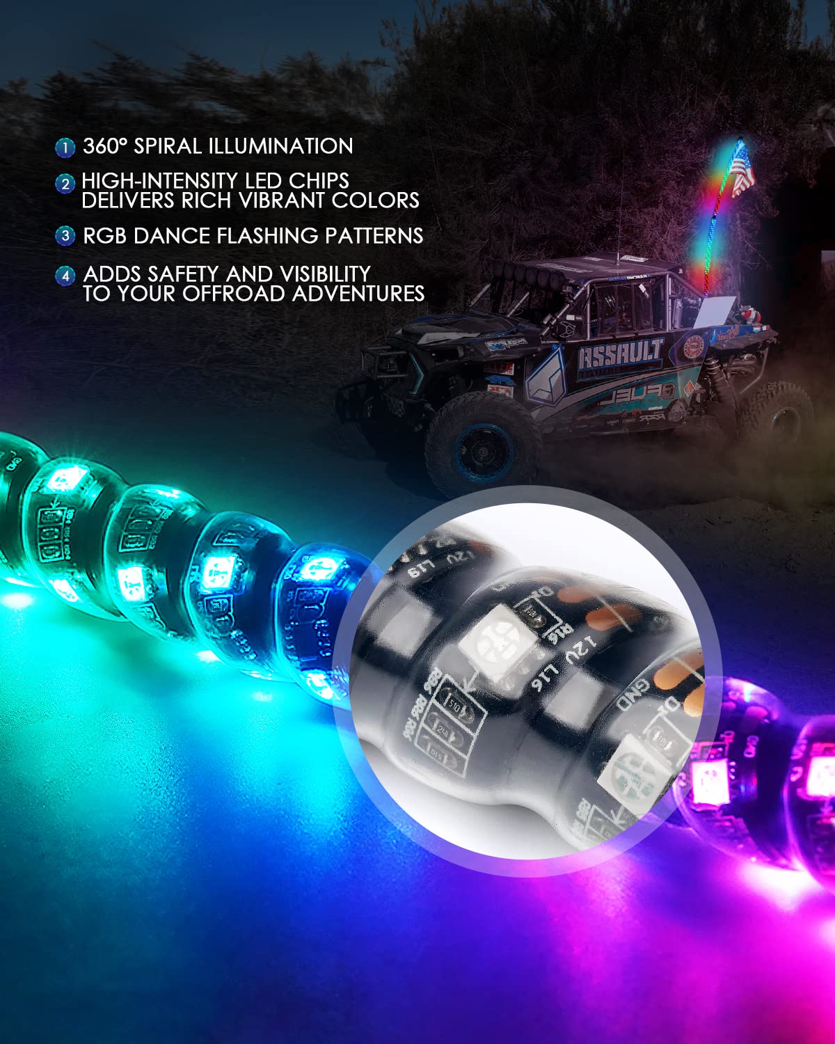 Xprite 5Ft Spiral Led Whip Lights W/Rocker Switch & Remote Control, Safety Dream-Color Dancing Chase Lighted W/America Flag For