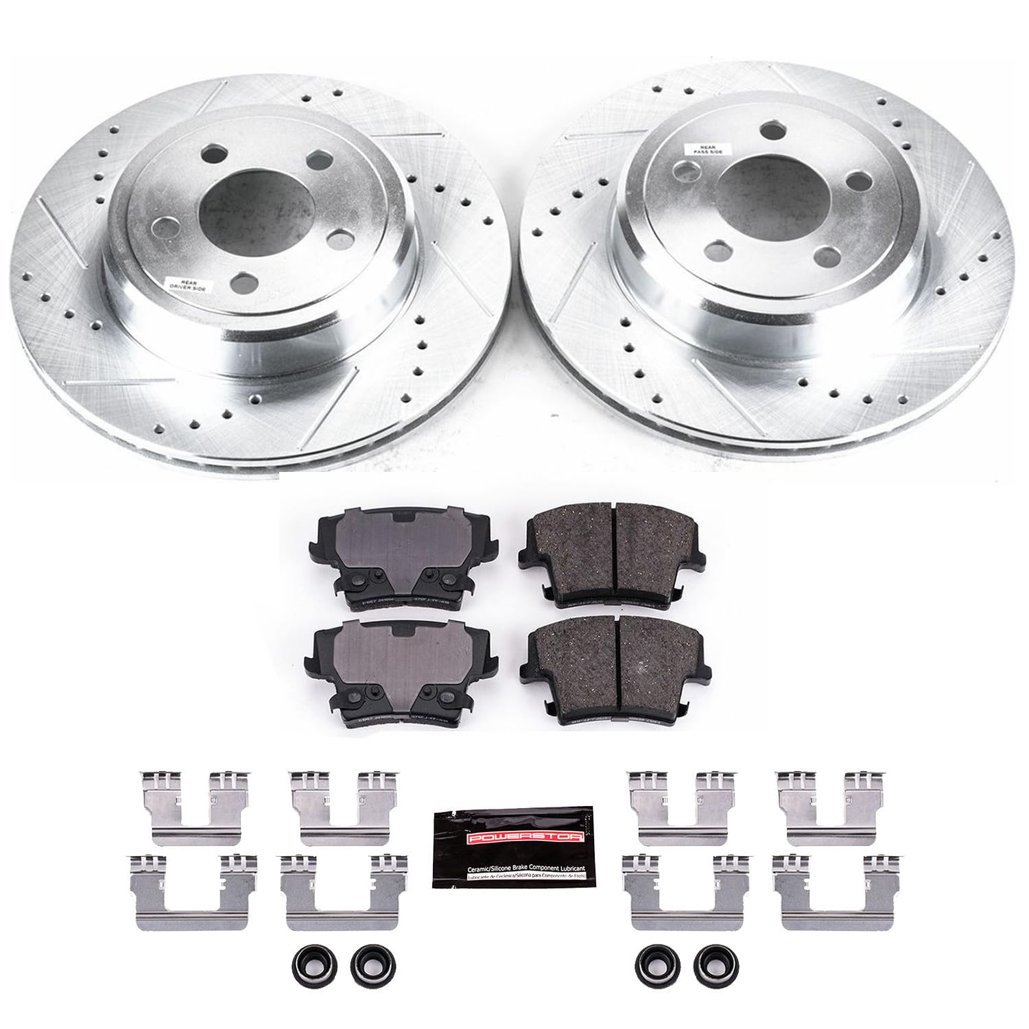 Power Stop K1720 Rear Z23 Carbon Fiber Brake Pads With Drilled & Slotted Brake Rotors Kit For 2005-2021 Chrysler 300 300C | 2006