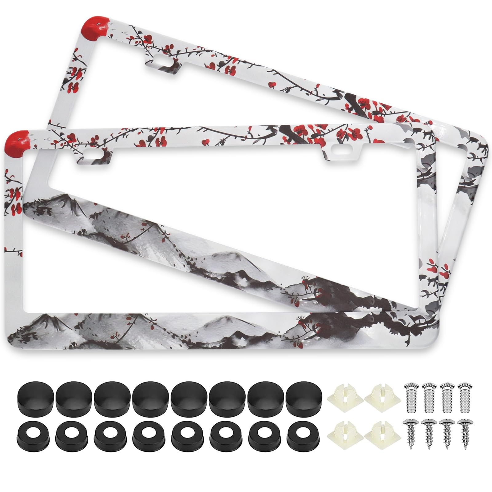 Watercolor Cherry Blossom License Plate Frames, 2 Pack Japanese Sakura Car Plate Frame, Stainless Steel License Plate Holders Co