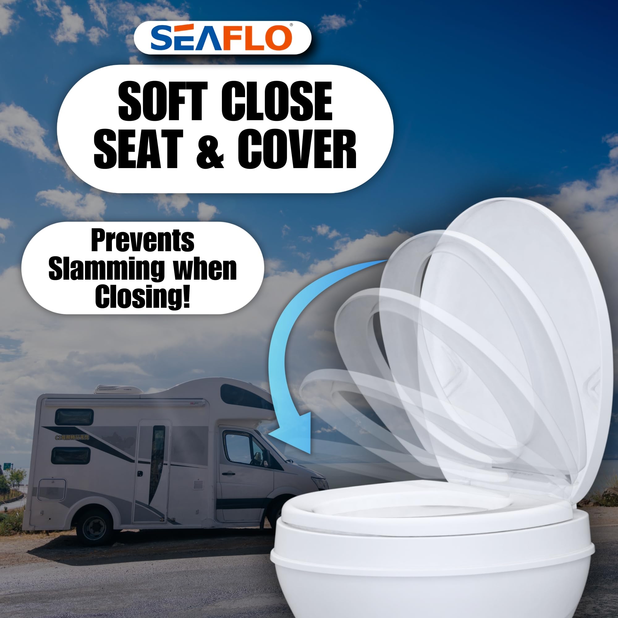 Seaflo Rv Toilet - Standard Height, Gravity Flush, Foot Pedal, Soft Close Lid With Sprayer Attachment