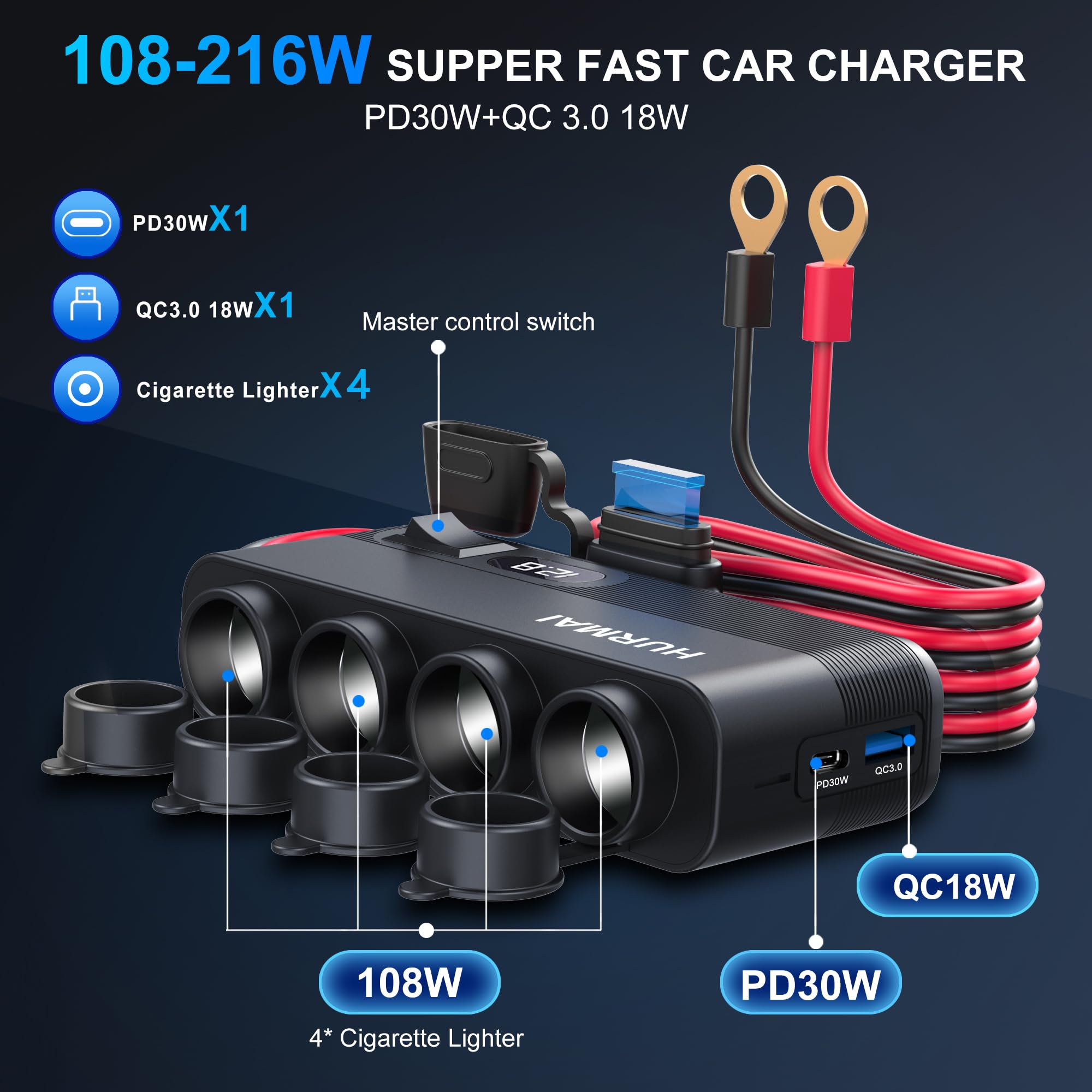12V Socket Power Outlet, 10FT Cable 24V 216W Multi Port Outlet, 12 Volt Car Cigarette Lighter Adapter USB Charger Cigarette Ligh