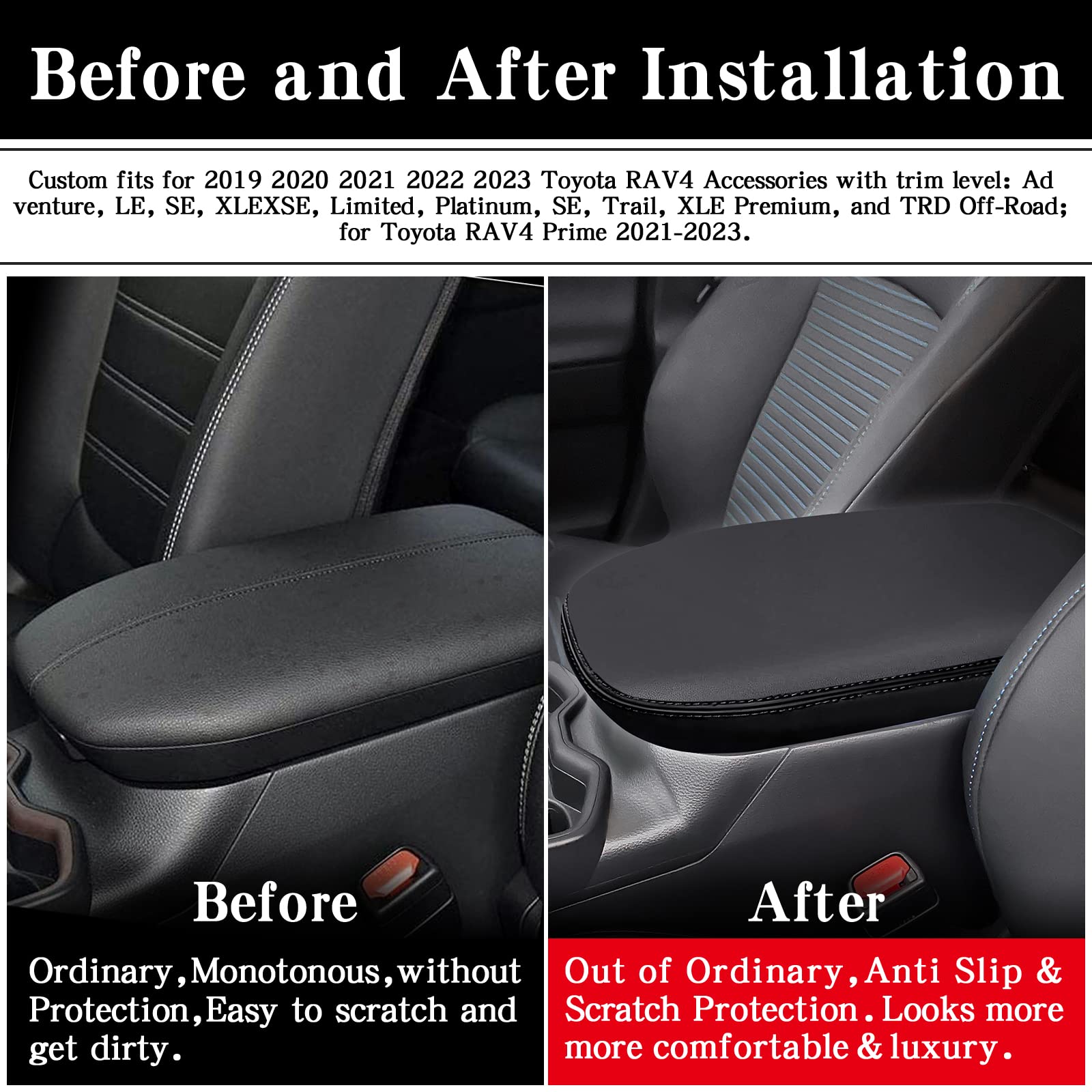 Auprite Center Console Armrest Cover For Toyota Rav4 2019-2023 2024, Auto Armrest Protector Organizer Pad For Rav4 Interior Accessories (Black With Black Stitches)