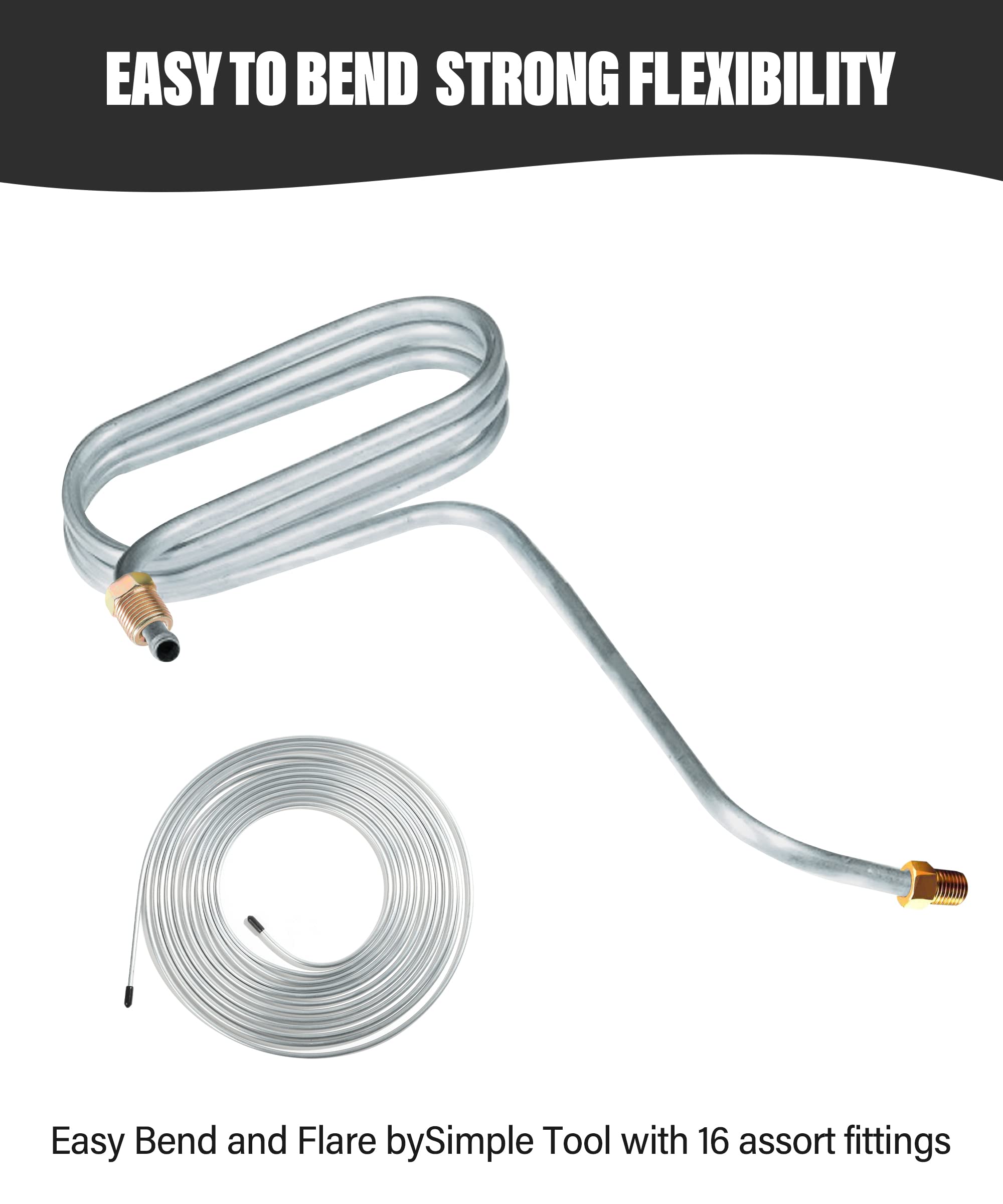 Yakefly 25 Ft. 3/16 Copper Nickel Brake Line,Rustproof Brake Line Tubing Kit,Flexible Copper Coated Brake Line Tubing Coil With 16 Inverted Flare Fittings For Hydraulic Fuel Transmission (Silver)