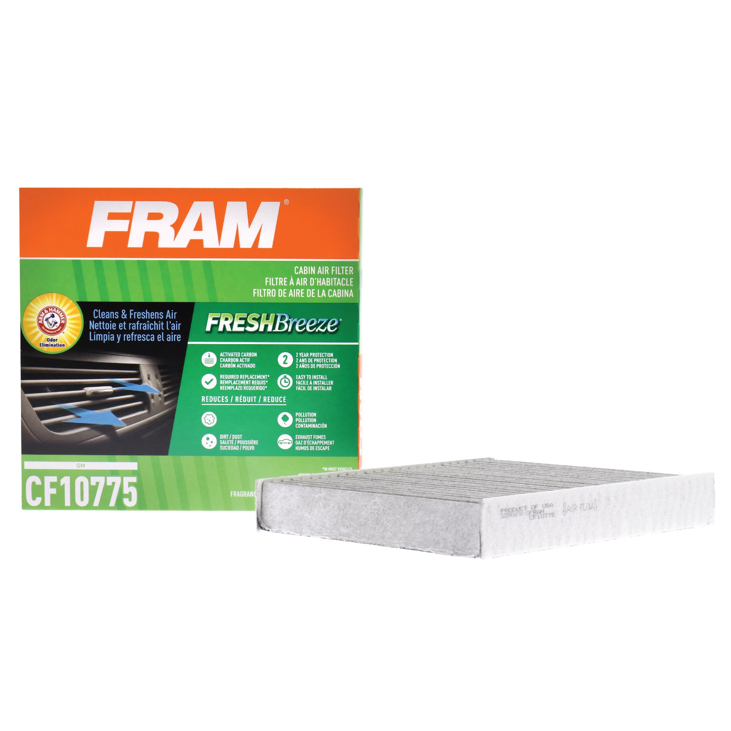 Fram Fresh Breeze Cabin Air Filter Replacement For Car Passenger Compartment W/ Arm And Hammer Baking Soda, Easy Install, Cf1077